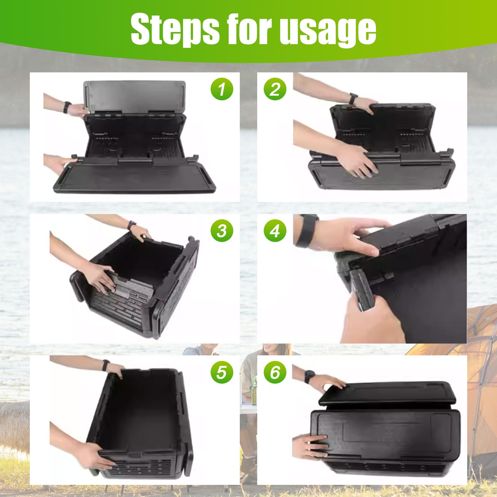 Scatola termica pieghevole da 40 l, in polistirolo, 60 x 41 x 25 cm, per cibo con coperchio integrato, multifunzionale, per campeggio, picnic, cibo e trasporto (nero)