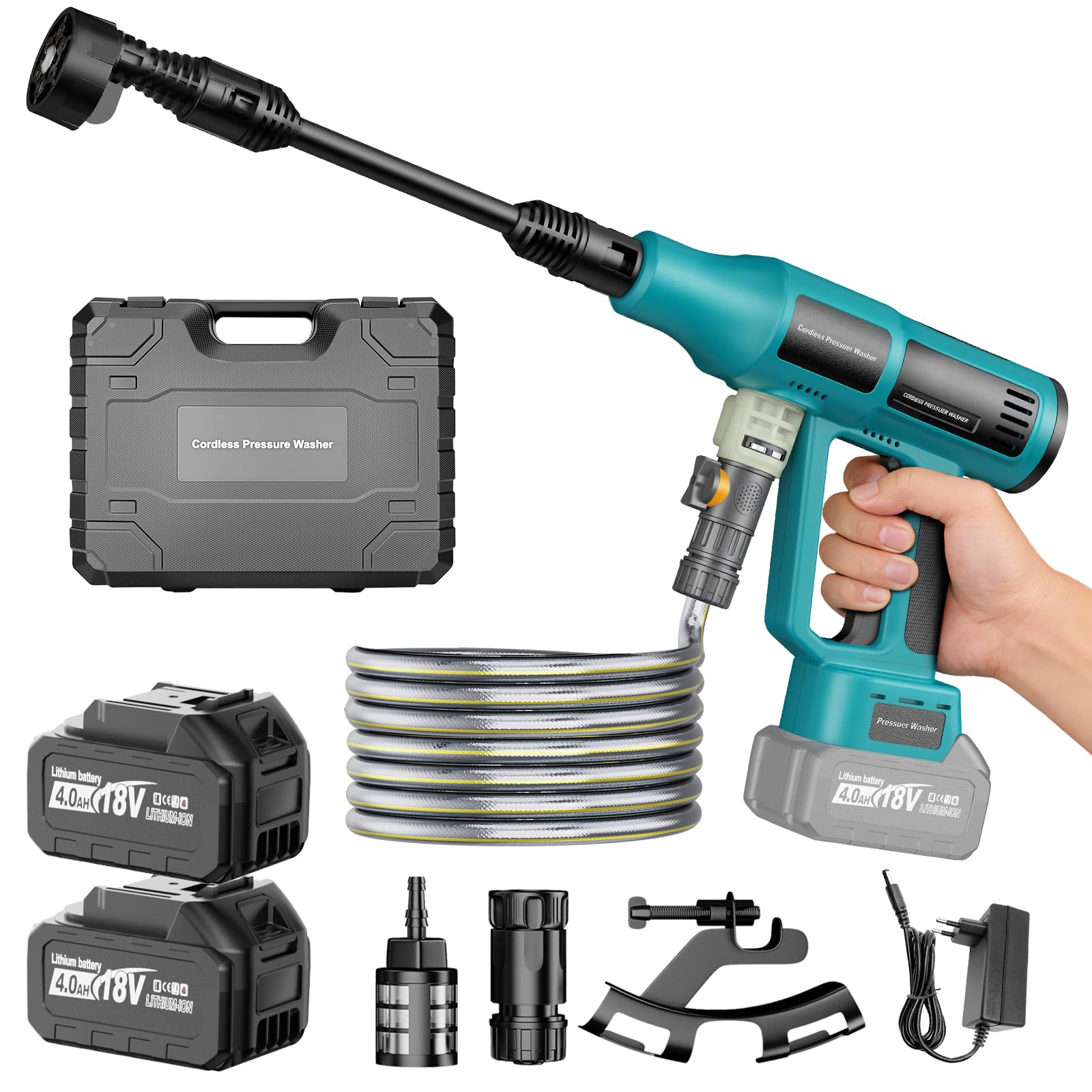Akku Hochdruckreiniger, 700PSI Mobiler Akku Druckreiniger Kompatibel mit Makita 18V Akkus, Hochdruckreiniger mit 2×4.0Ah, 6-in-1Düse, Schaumsprüher, Filterkessel, 5M Schlauch für Auto Graten