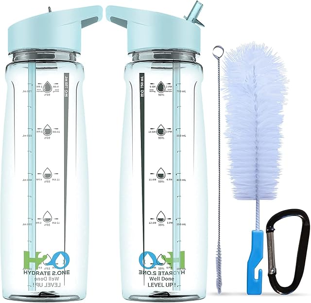 Water Bottle with Straw - Leakproof Adult Plastic Bottle - Motivational Time Markings To Drink - BPA Free Sports Drinks Bottle for Gym, Men Women Kids - Reusable Drinking Bottle 750ml (Sky Blue)