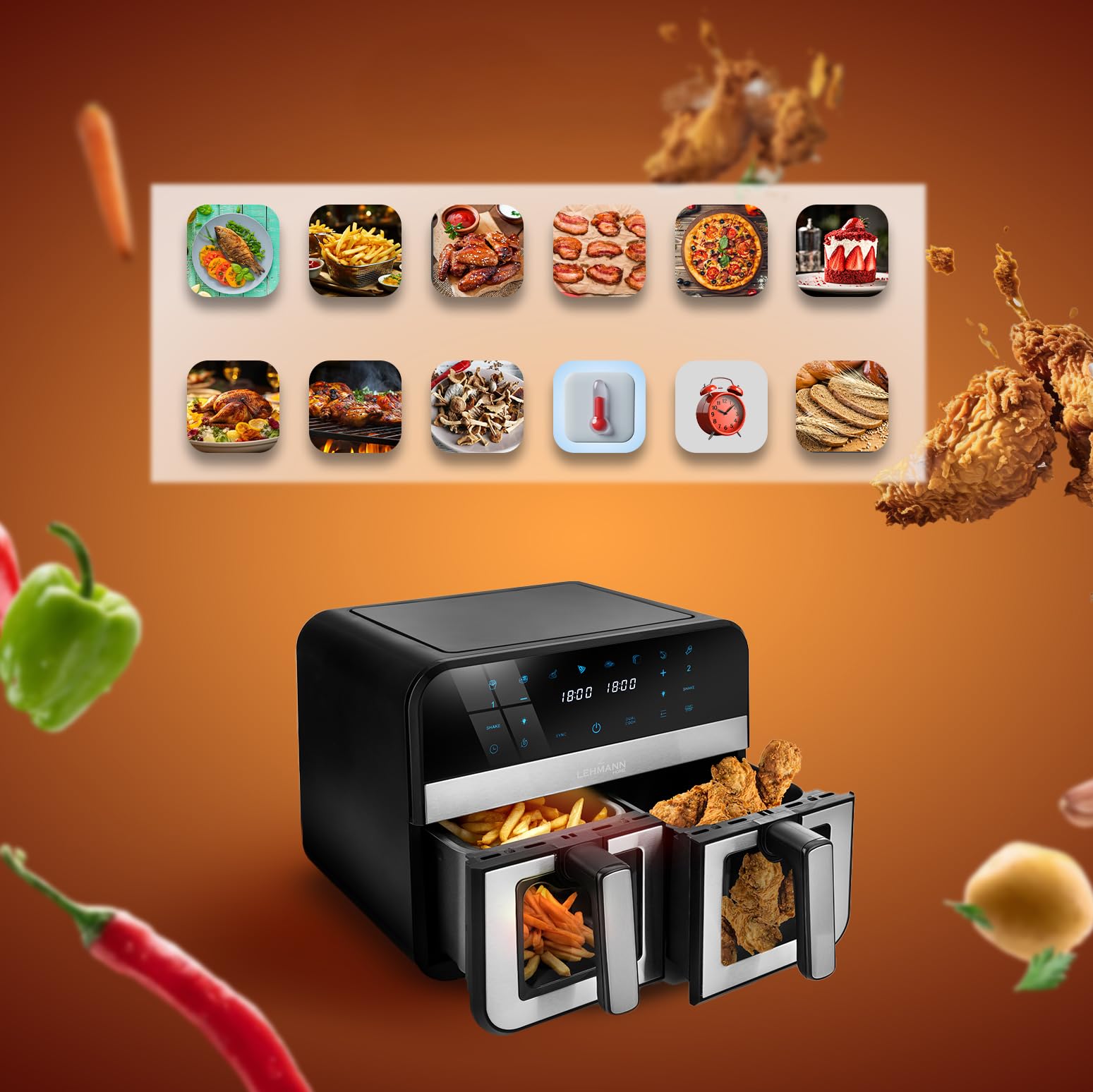 LEHMANN Air Fryer 9L, Dual Friteuse sans Huile avec 2 Tiroirs, 2400W, 12 Programmes, Température ajustable de 80-200 ºC, Contrôle WIFI, Écran Tactile, pour les Grandes Familles avec Enfants