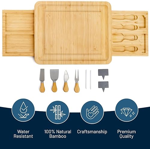 Miniatura 15 de RoyalHouse Tabla redonda de bambú para quesos y 4 cuchillos con cajón deslizante para cubiertos, juego de tablas de charcutería, regalos