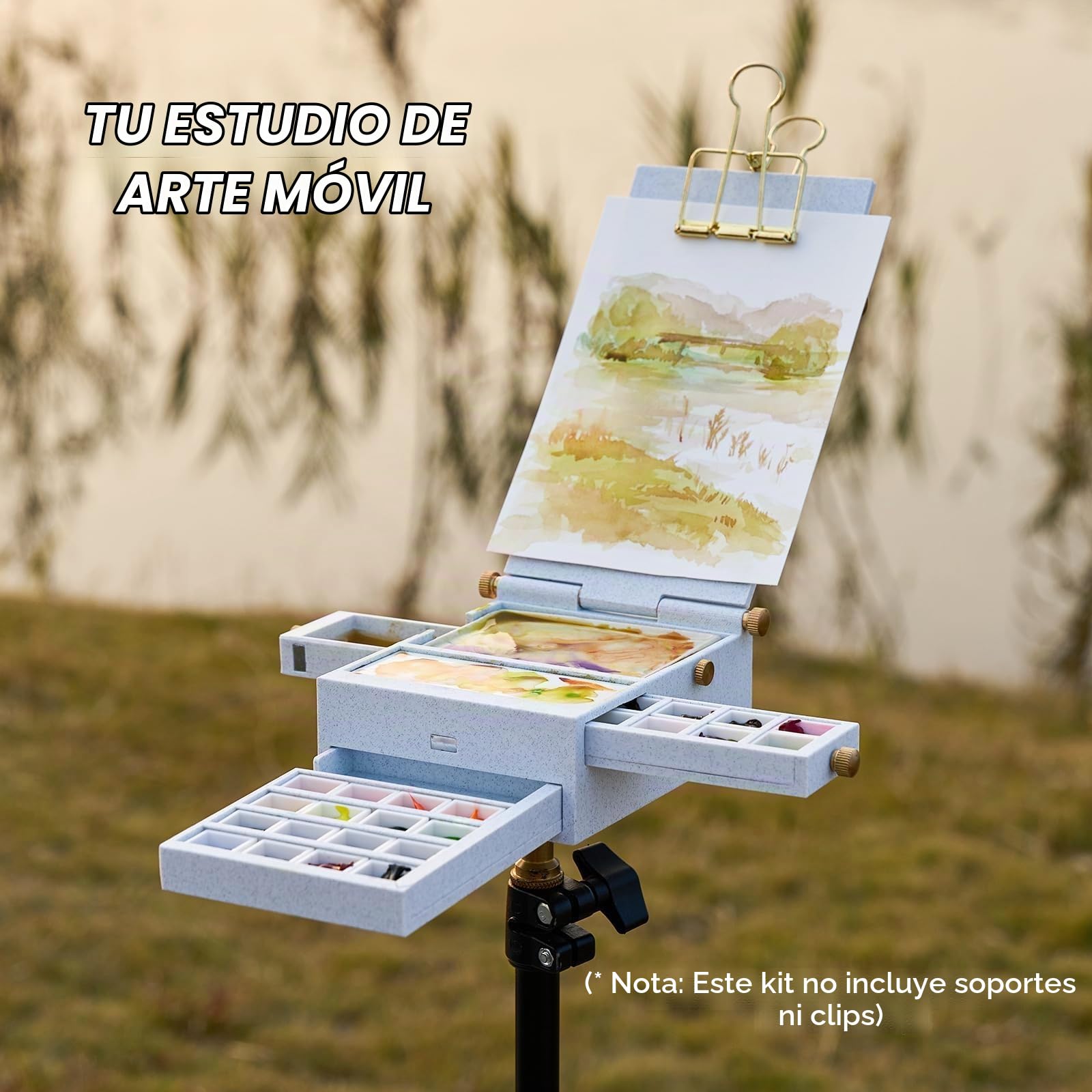 LIGHTWISH Caja de paleta de acuarela de viaje, kit de acuarela portátil todo en uno con 24 rejillas extraíbles vacías, paleta de cerámica hecha a mano, taza de acuarela e interfaz de soporte universal