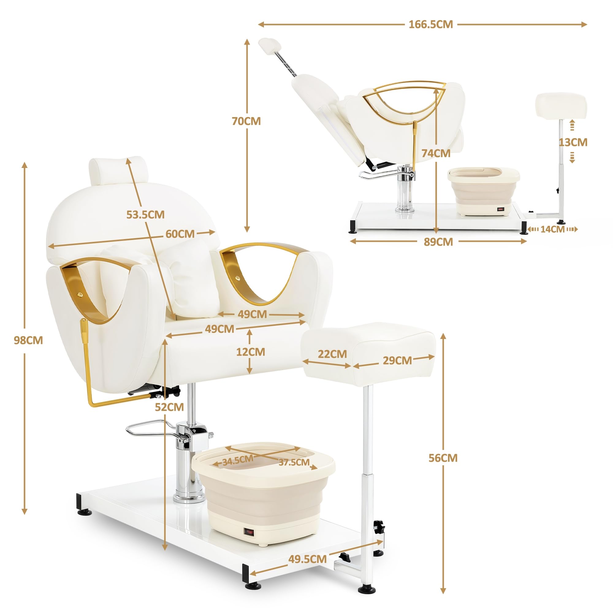 Barberpub Pediküre Stuhl mit Fußbadewanne & Pediküre Hocker, Friseurstuhl mit Goldlackierten Armlehnen, Höhenverstellbar & Kippbar, Fußpflegestuhl für Nagelstudio F0325 (Gold-Weiß)