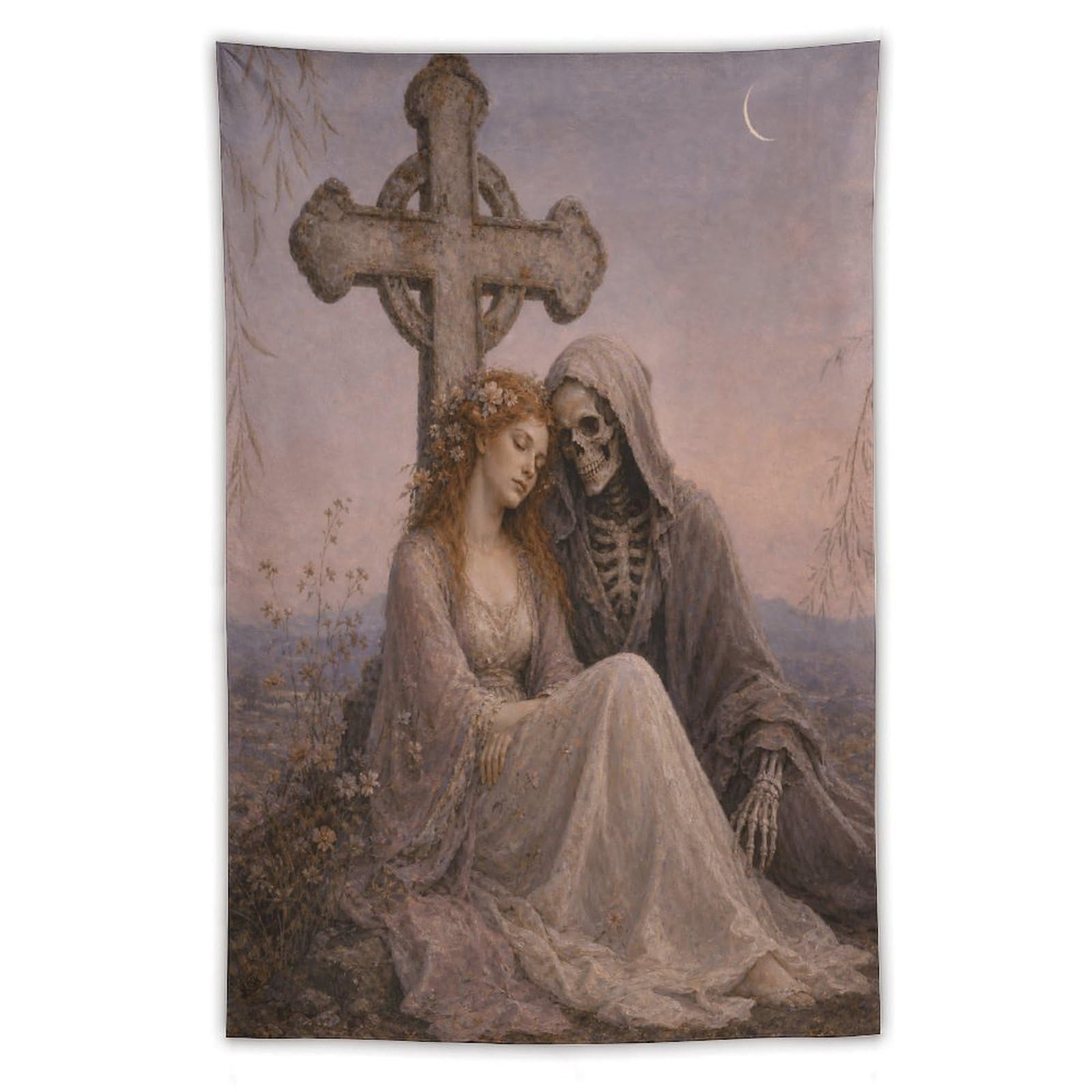 H3B8U2Y5 Bride with Death Wall Tapestry, Fantasy Illustration, Backdrop
