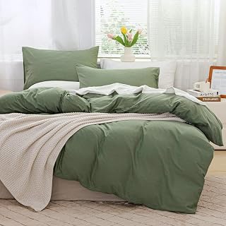 JELLYMONI Green 100% Washed Cotton Duvet Cover Set, 3 Pieces Luxury Soft Bedding Set with Zipper Closure. Solid Color Pattern Duvet Cover Queen Size(No Comforter)