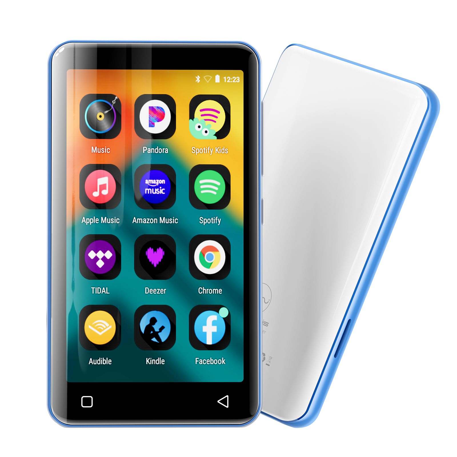 Innioasis 80 GB Reproductor MP3 con Bluetooth y WiFi, Reproductor de música Mp3 y Mp4 ave Spotify, Kids, Tidal, Deezer, Reproductor de vídeo con pantalla táctil de 4 pulgadas, 1080 P(blanco y azul)