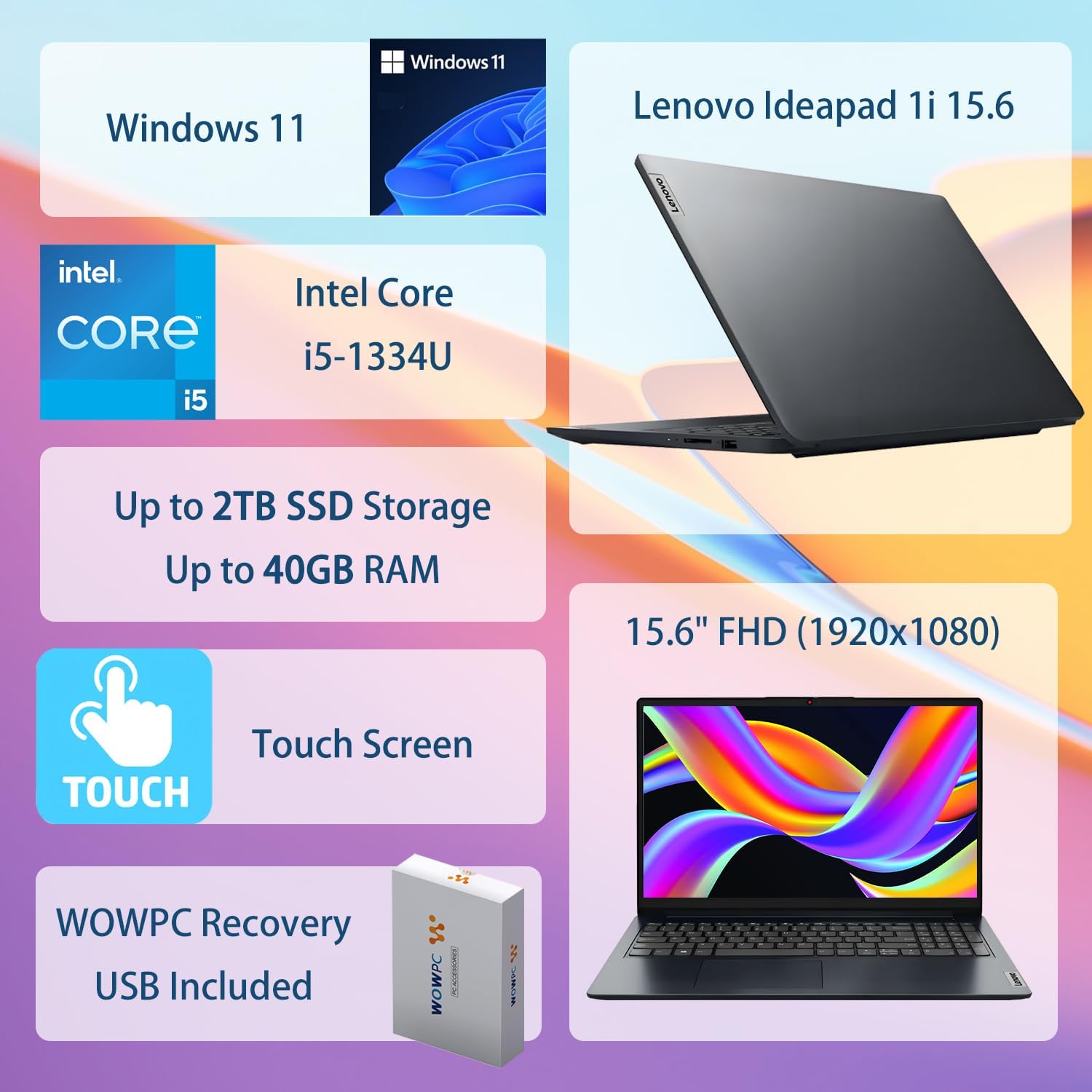 Lenovo IdeaPad 1i Laptop for Business, 15.6" FHD Touchscreen, 13th Gen Intel Core i5-1334U(Beat i7-1255U), 24GB RAM, 1TB SSD, Windows 11, Abyss Blue, WOWPC Recovery USB