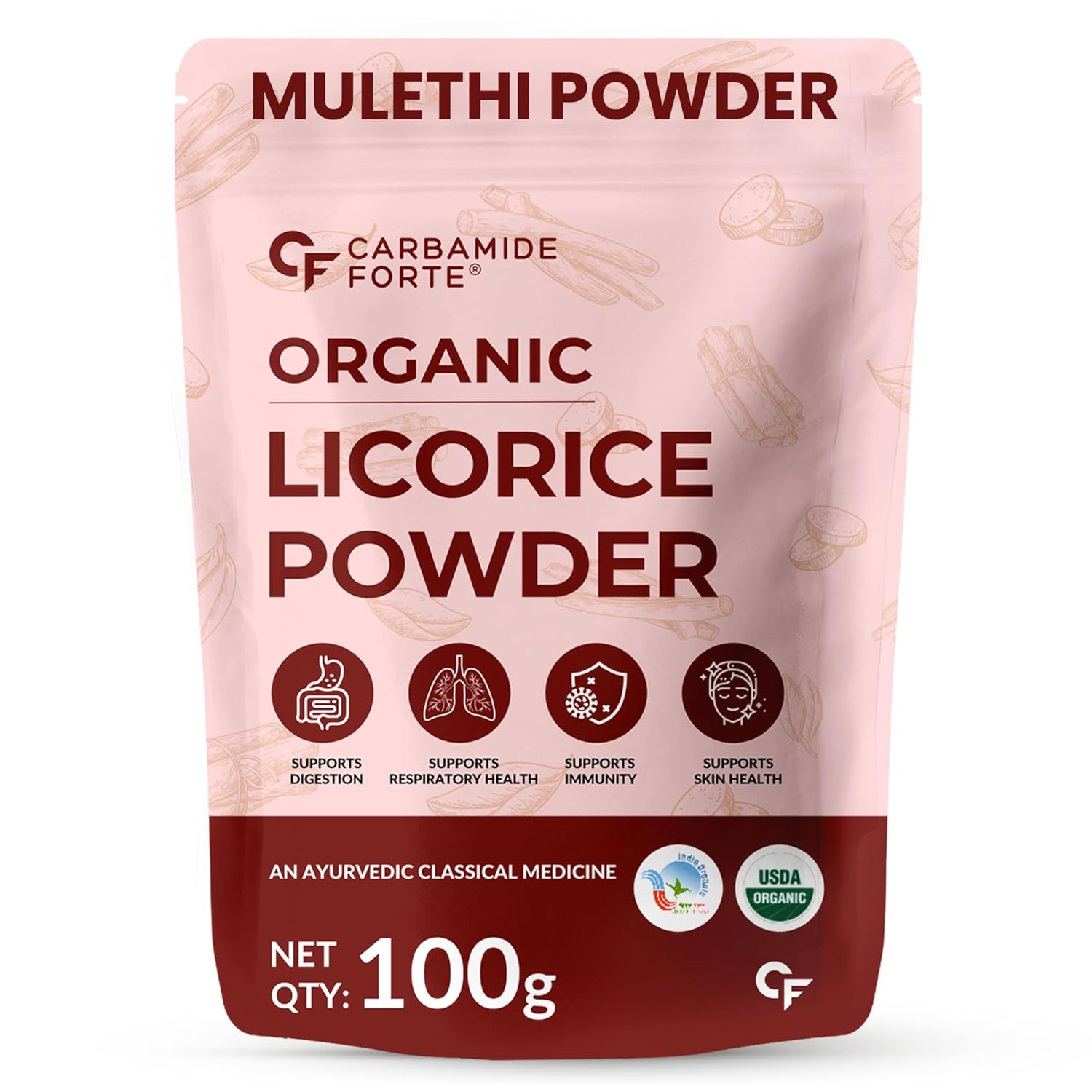 Carbamide Forte Licorice/Mulethi Powder Organic | Mulethi Powder for Face Pigmentation | Yashtimadhu Powders Supports Digestion, Respiratory & Immunity | Natural Herb for Skin & Wellness – 100g