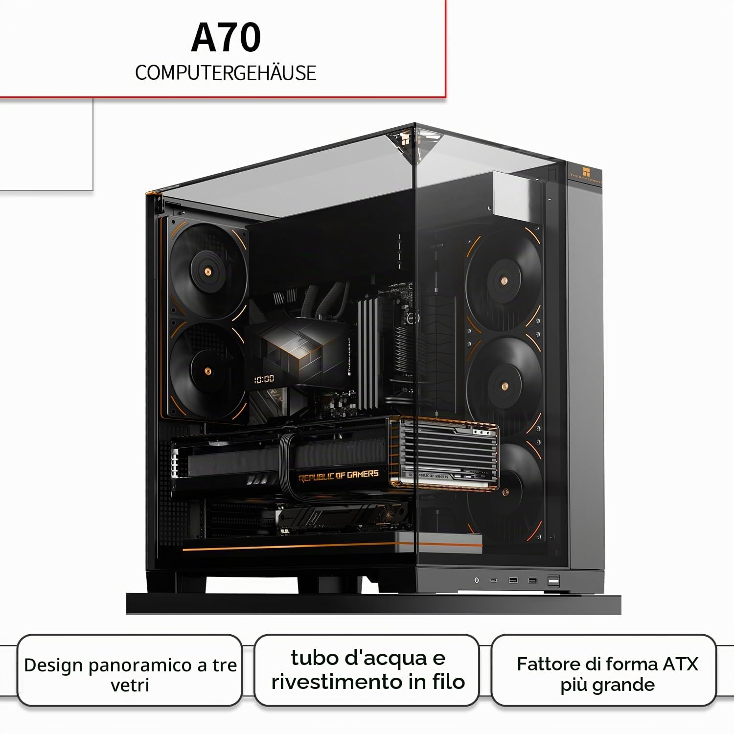 TR-Thermalright A70 - Case panoramico in vetro, gestione dei cavi nascosta, montaggio senza attrezzi, supporta schede madri ATX, M-ATX e ITX e schede grafiche fino a 420 mm, progettato per desktop da
