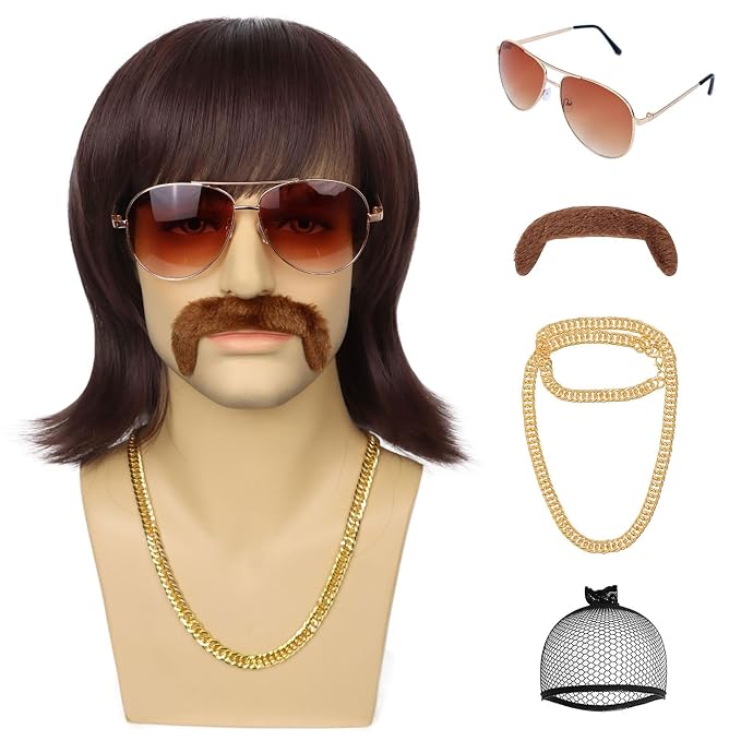 60s Hippie Kit Adult Brown Wig Glasses Moustache