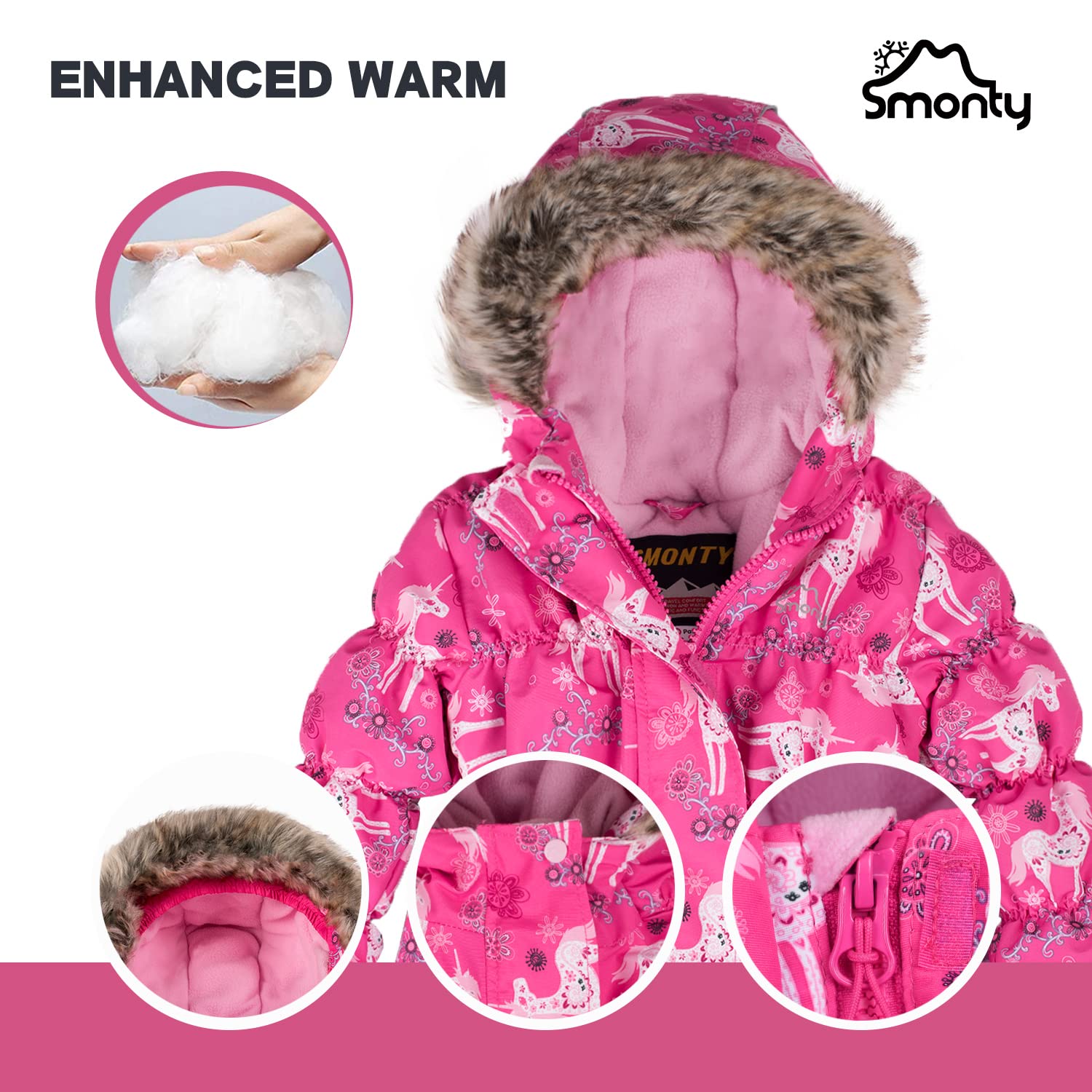 SMONTY Traje de nieve para niños para niñas Conjunto de chaqueta y pantalones de esquí de invierno Conjunto de correas con capucha A prueba de viento Impermeable Cálido (3-4, Rosa)