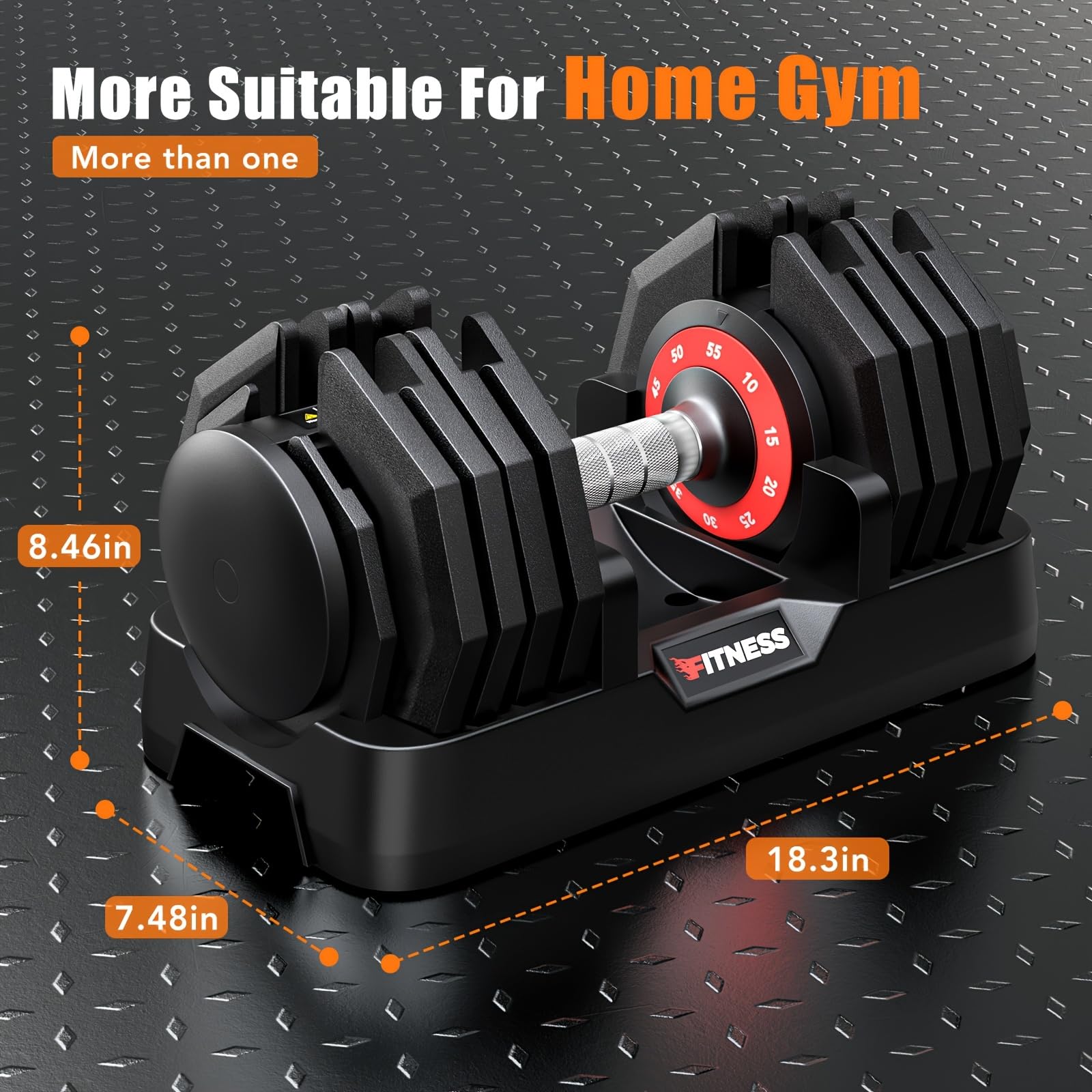 Decagonal black and red adjustable dumbbell with base
