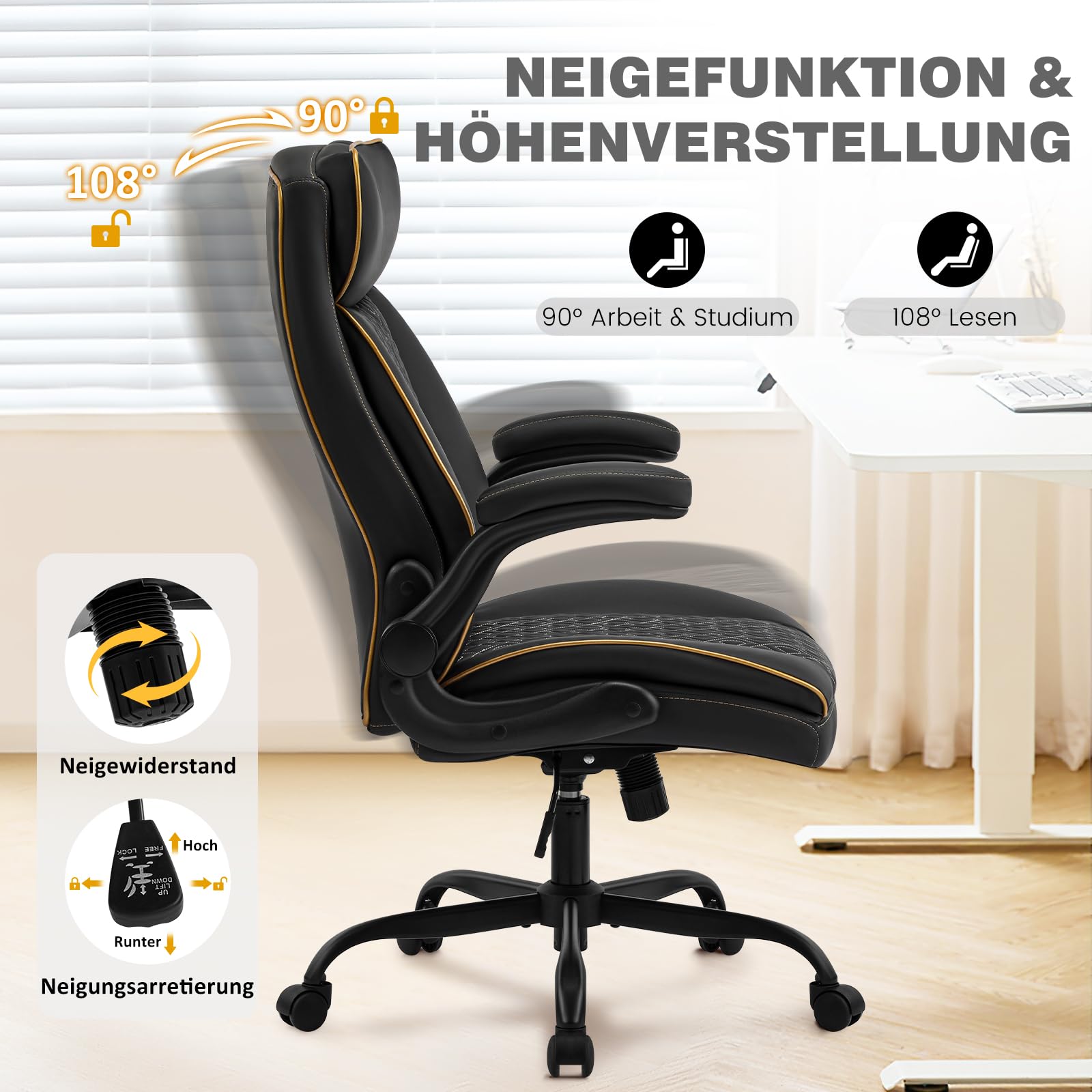 Hellove Chefsessel Bürostuhl 185kg Ergonomischer Kunstleder Schreibtischstuhl mit Verstellbarer Rückenlehne und Klappbaren Armlehnen, Drehstuhl mit Kopfstütze Computerstuhl Home Office Stuhl, Schwarz