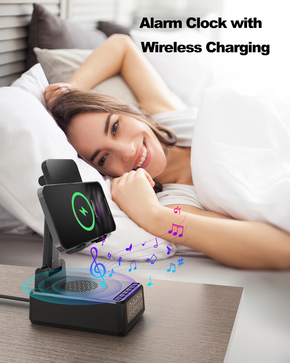 Enceinte Bluetooth Portable 5 en 1 avec Reveil Matin, Chargeur sans fil, Support pliable pour téléphone