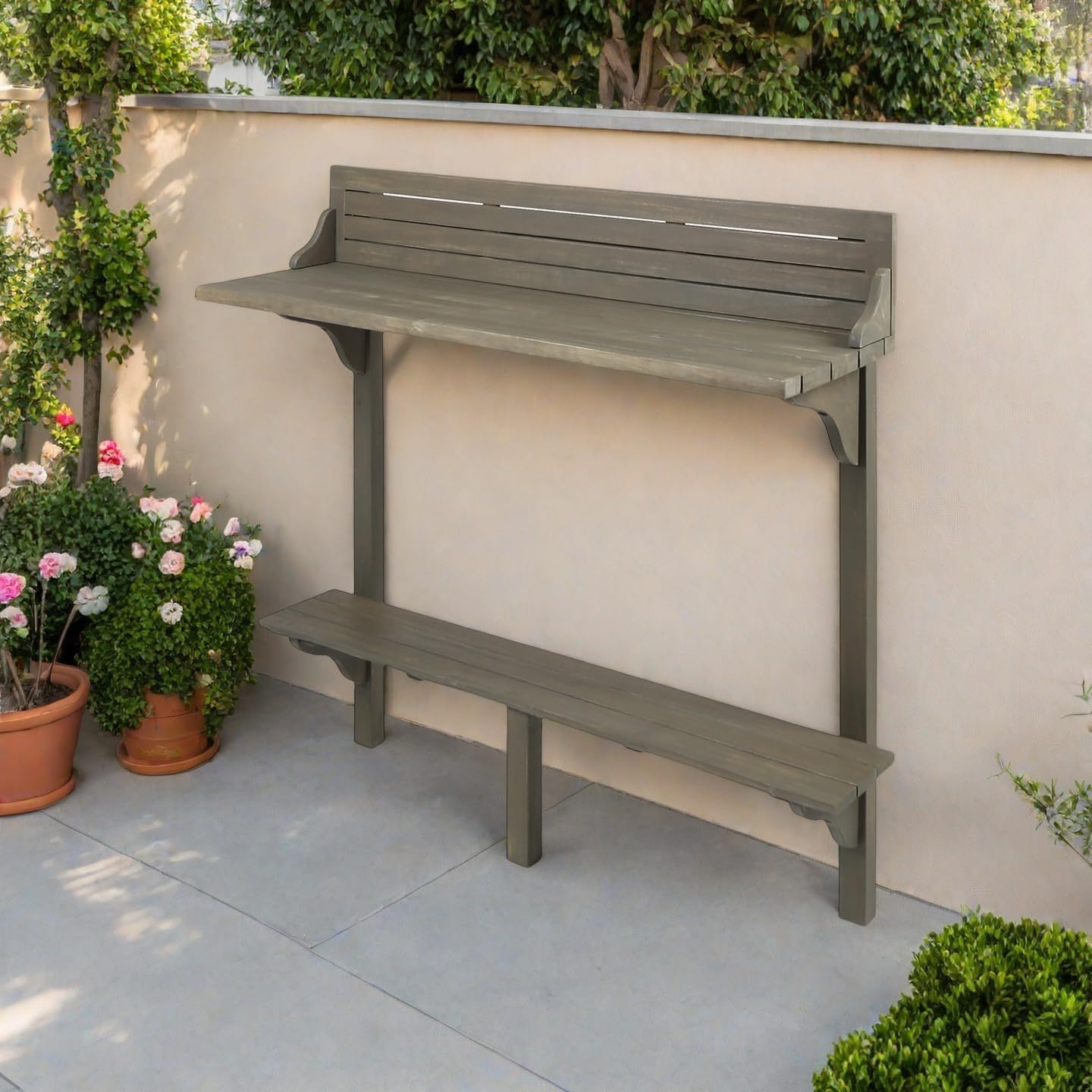 Outdoor Bar Table - Balcony Bar Table with 2 Shelves, Patio Bar Tables with Acacia Wood Frame Minimalist Design, Poolside Bar for Backyard, Balcony, Garden, Poolside