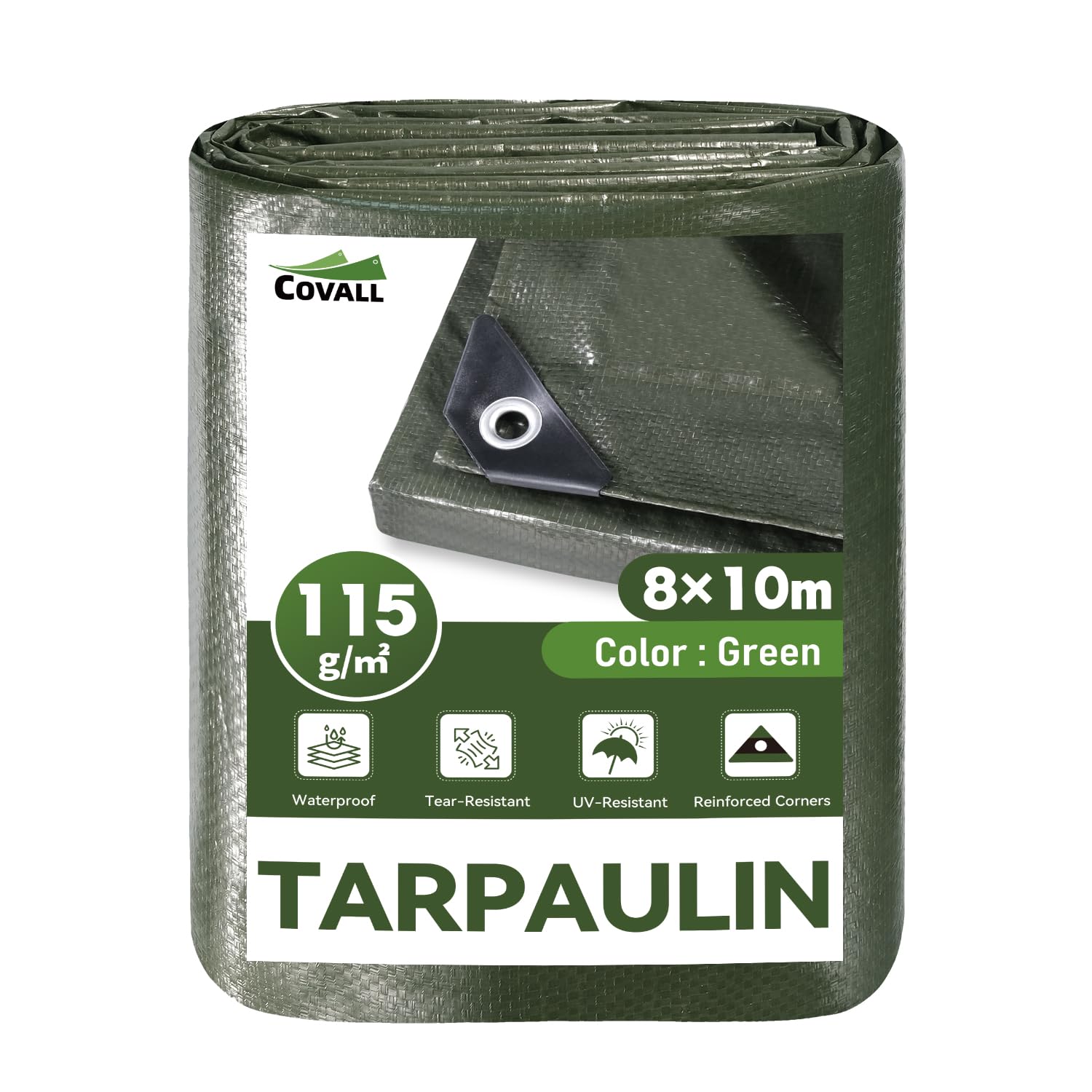 Covall Large Tarpaulin 8m x 10m Green Tarpaulin Waterproof Heavy Duty 115GSM Plastic Sheeting-UV&Tear Resistant,Outdoor Covers Waterproof For Shelter,Camping,Garden,Wood,Trampoline Cover