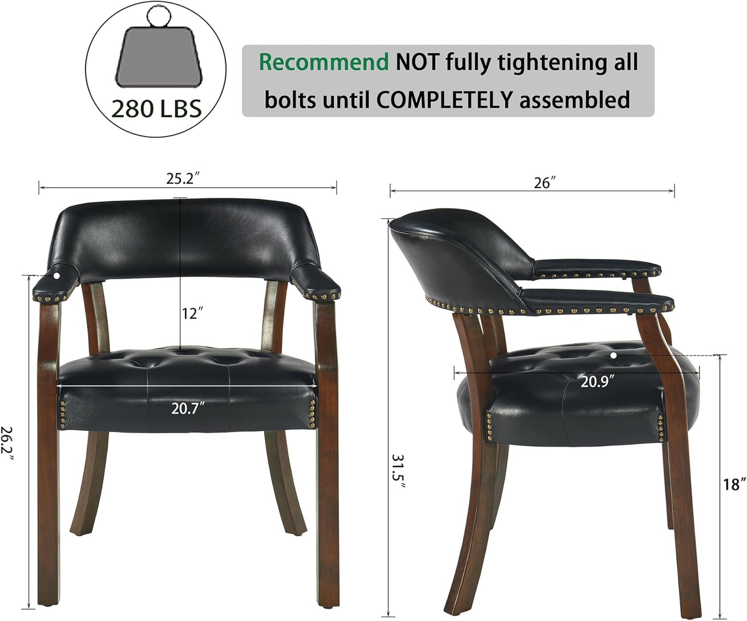 MODERION Large Dining Chairs with Upholstered and Arm,Solid Wood Wide Office Desk Chair Stool. Faux Leather Boss Captain's Chairs,Classic Accent Chairs for Kitchen, Cherry Walnut Legs & Black NX173D