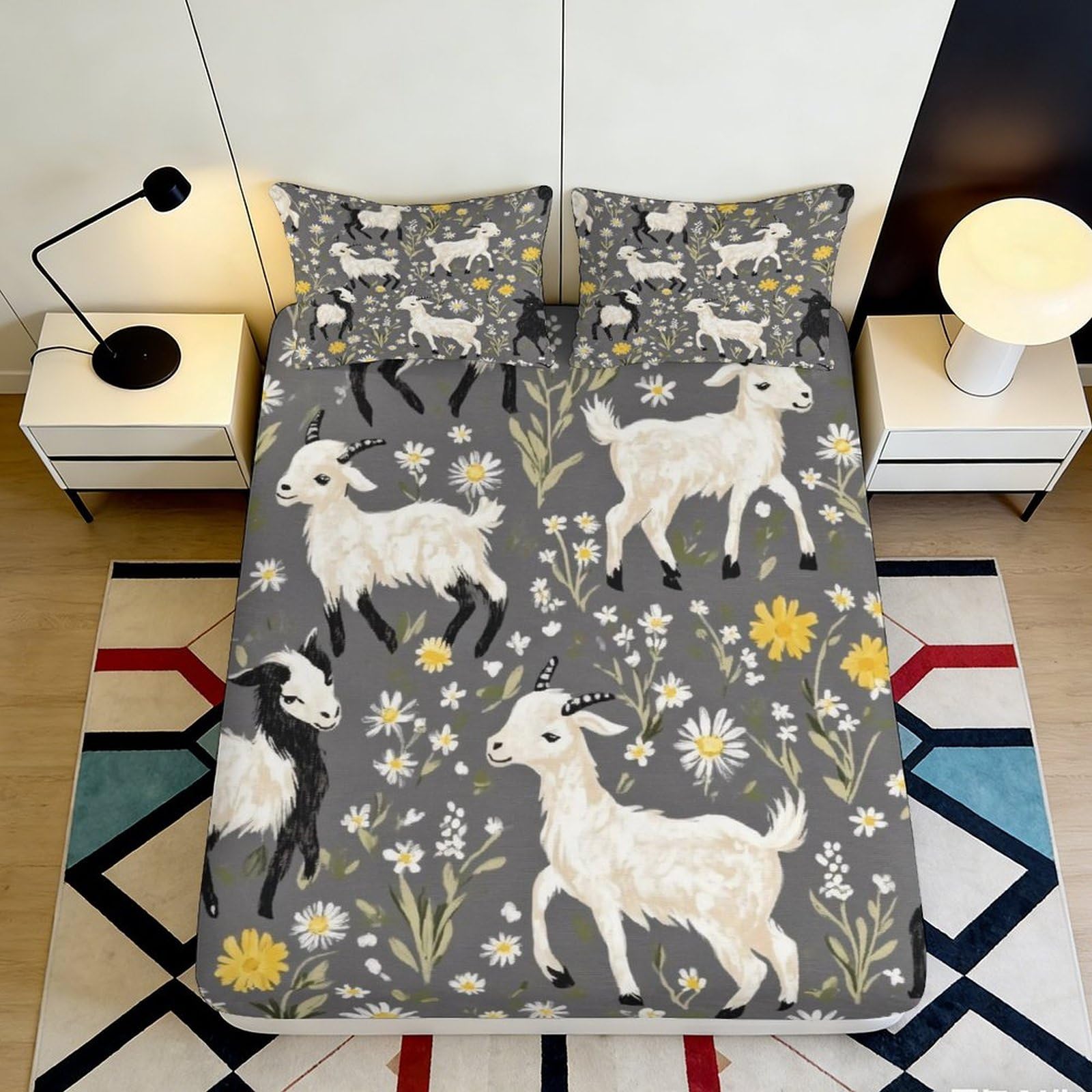3D Printed Goat Daisy Fitted Sheet Microfiber Non-Slip Bed Cover for Bedroom Guest Room Mattress Protection 160x200x25cm
