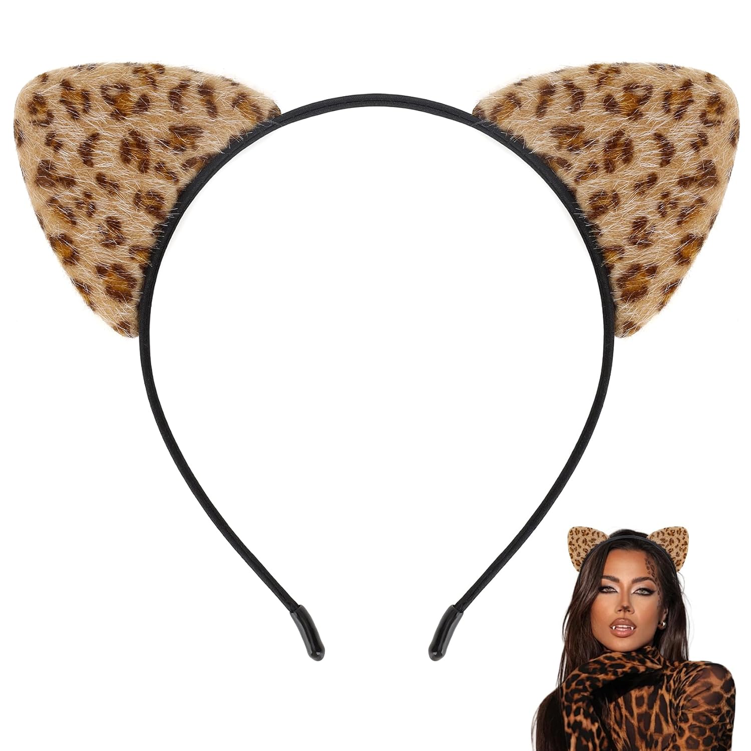 Cheetah Ears Headband, Leopard Ears Headband for Women, Fluffy Leopard Print Cat Ear Hairband, Cheetah Costume Headwear Golden Brown Halloween Accessories for Cosplay Party Role Play