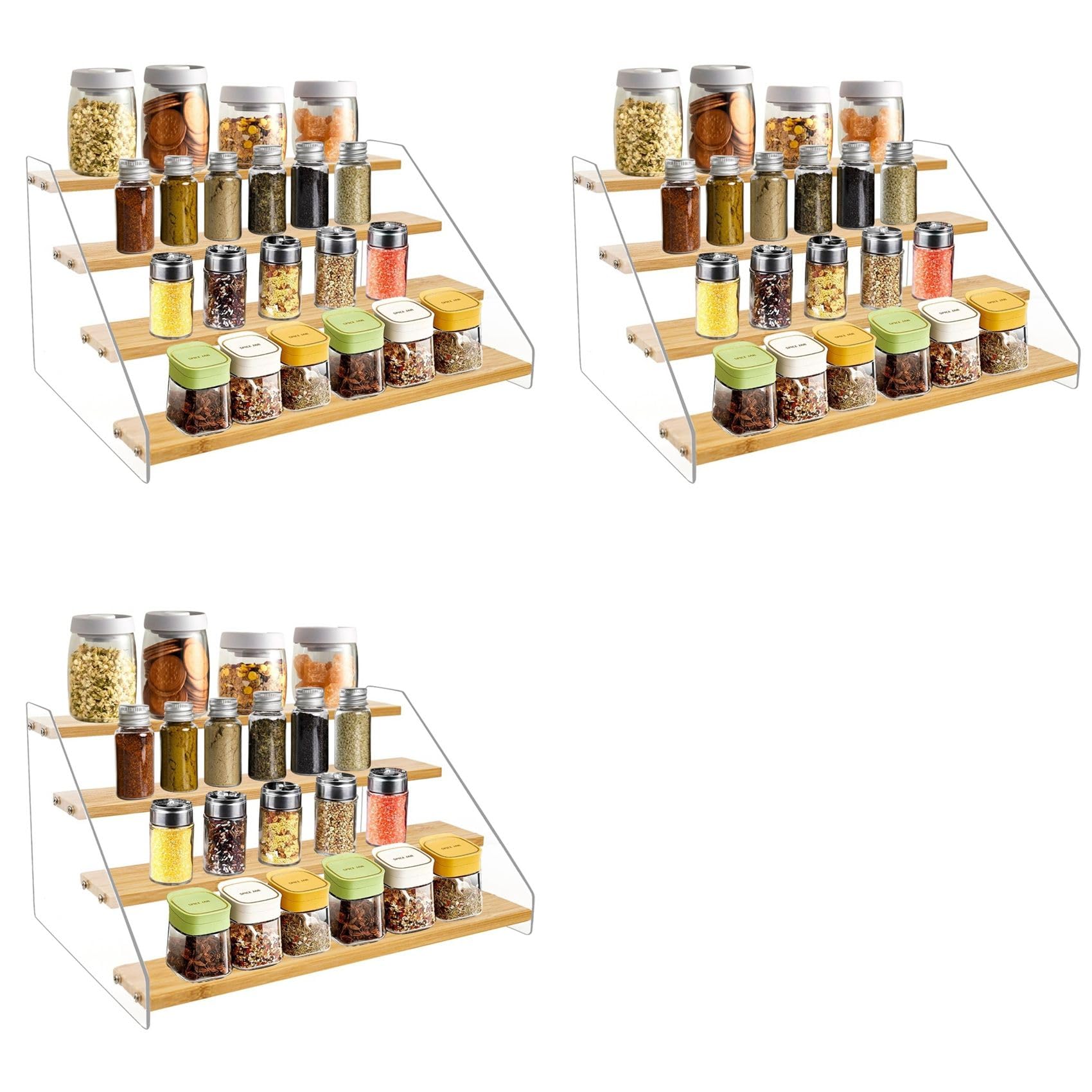 Aundhegrtt 3pcs 12In Spice Rack Organizer for Cabinet - Wooden 4Tier Display Stand -Space Saving Display Shelf Riser