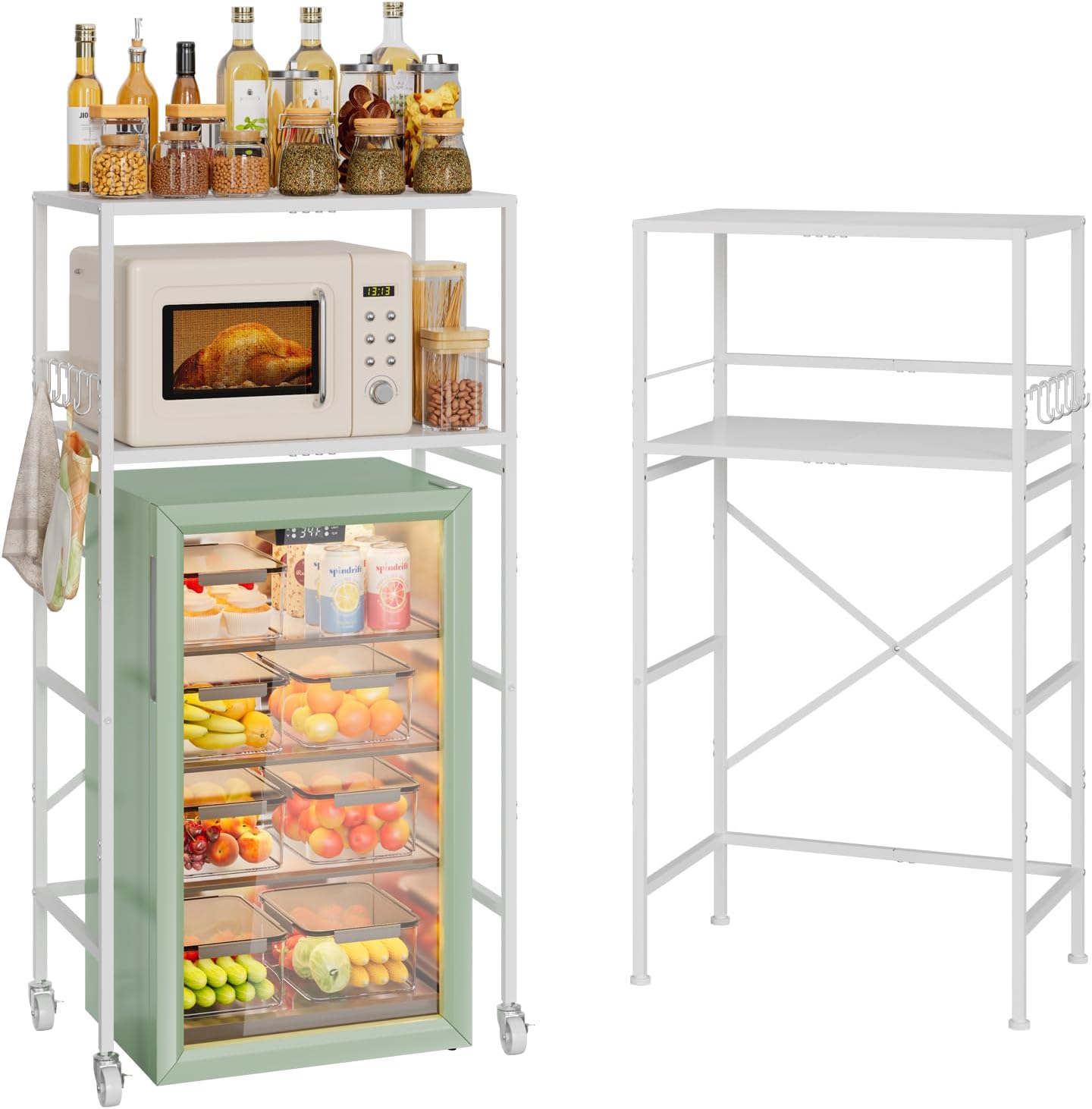 Hongtamoya 2 Tier Mini Fridge Stand with Storage Adjustable Height Mini Fridge Shelf Over Mini Fridge Storage Cart Rack Appliance Shelf Microwave Stand for Dorm, Apartment, Kitchen, Office (White)