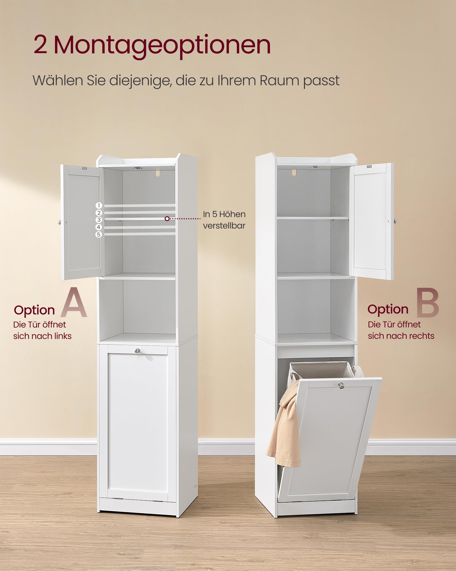 VASAGLE Badezimmerschrank mit Wäschekorb, hoher Badschrank, herausnehmbarer Wäschesack mit Griffen, mit Tür, verstellbare Ablage, 40 x 40 x 170 cm, wolkenweiß BBC761W01