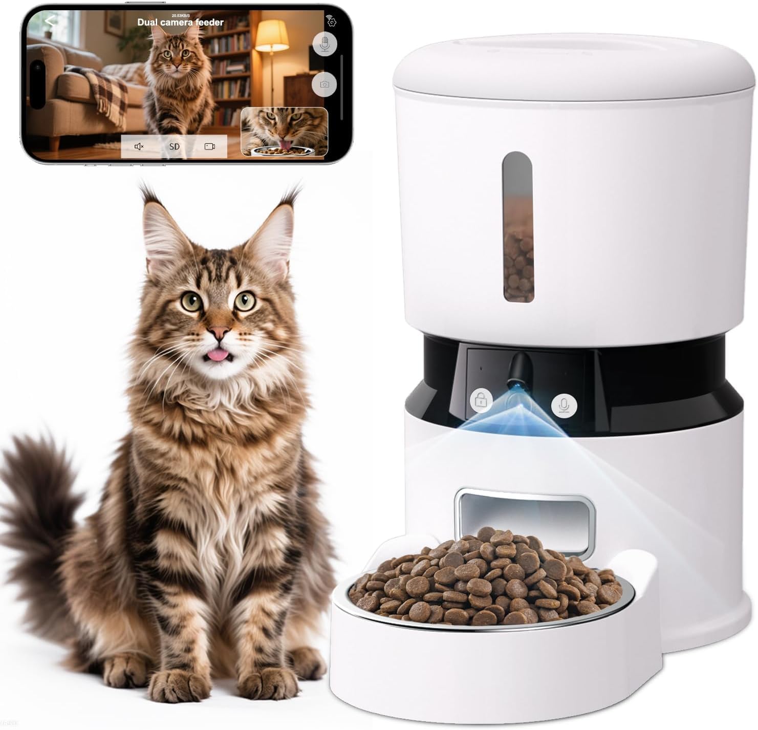 Automatic Cat Feeders with 2 Cameras and App, 4L 1080P HD Timed Pet Feeder Smart Dog Food Dispenser 2-Way Audio for Cats/Small Dogs, Cat Food Dispenser with Night Vision/Motion Alerts, WiFi 2.4G/5G