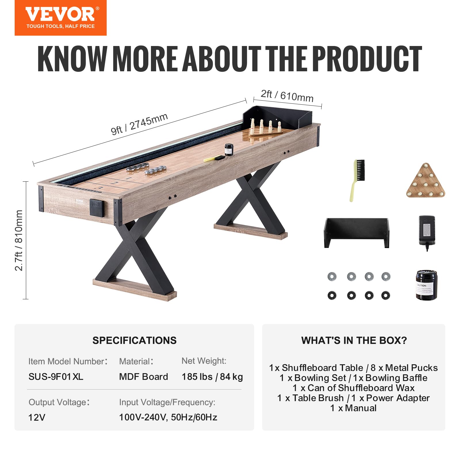 VEVOR 274,5 cm stół do shuffleboardingu z diodą LED, 2 w 1 stół do gry w kufle i kręgle, zestaw do shuffleboardingu, z odpornym na zarysowania placem zabaw i 8 kloszami, dla przyjaciół rodziny
