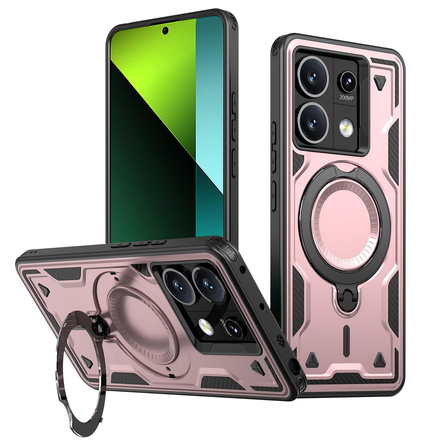 SORAKA Case for Xiaomi Redmi Note 13 5G with Ring Stand,Compatible with MagSafe Case for Redmi Note 13 5G case with Iron Sheet Rugged Shock-Absorbing case Military-Grade Drop Protection Rose Gold