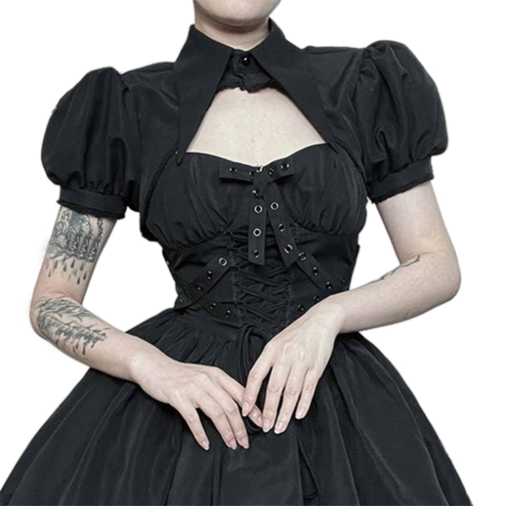 win2win Women Grunge Puff Short Sleeve Cropped Shrug Top - Gothic Collared Button Bolero Formal Evening Dresses