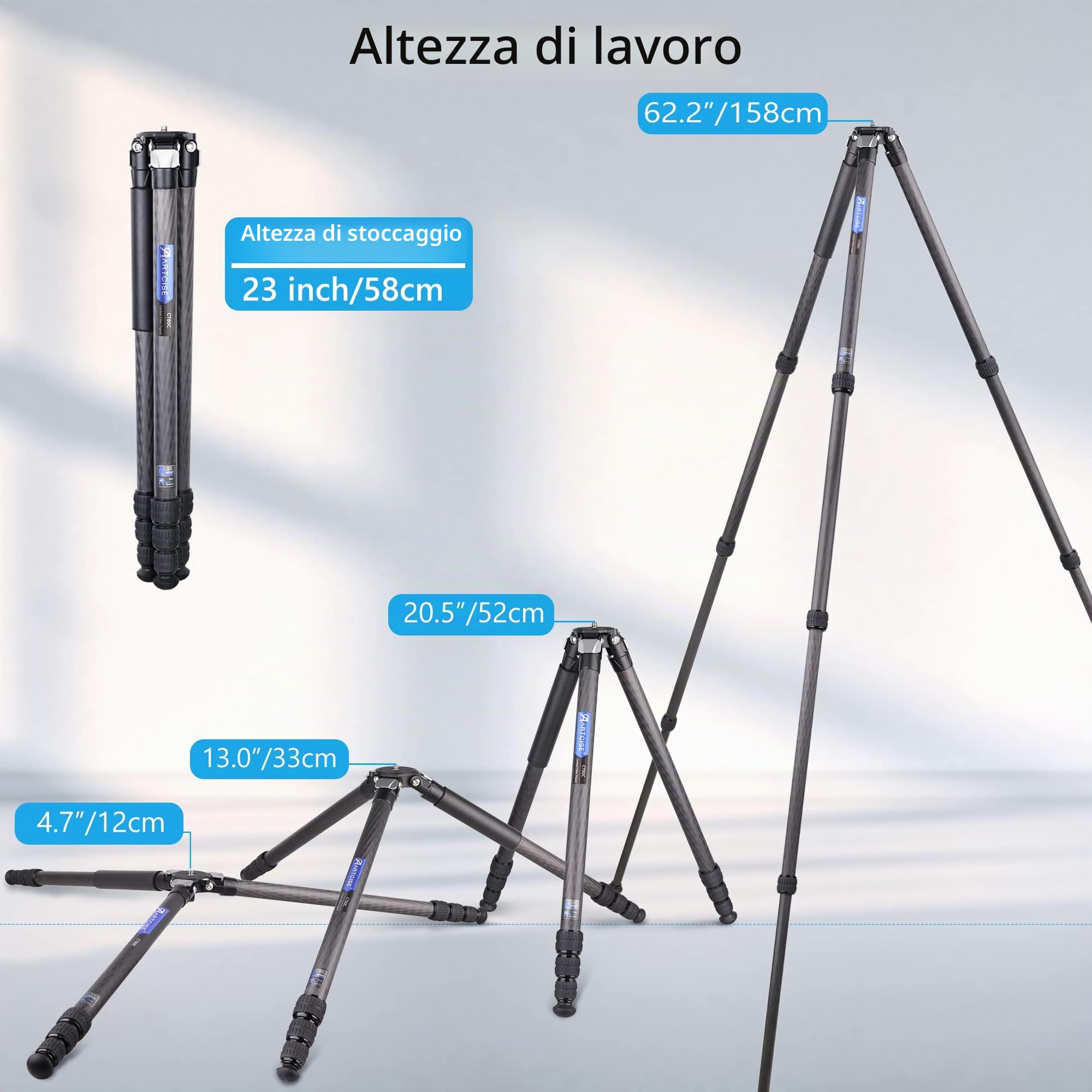 Treppiede compatto in fibra di carbonio con borsa in pietra ARTCISE CT80C Supporto per fotocamera da viaggio resistente per Canon Sony Nikon DSLR SLR Videocamera digitale, carico massimo 25 kg