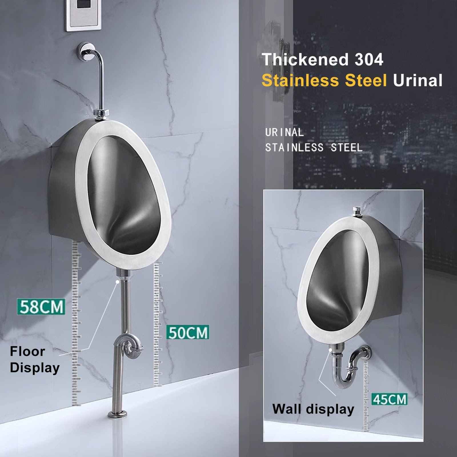 Orinatoio in Acciaio Inox, Scarico, Sospeso, WC Maschile per Hotel, Ristoranti, Scuole - Orinatoi da Parete con Rilevamento Automatico, WC Pubblico Commerciale per Uomo Adulto,External