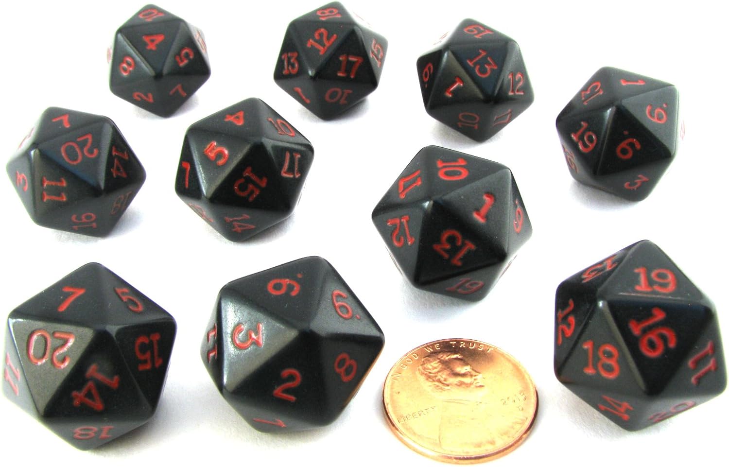 Set of 10 Twenty Sided 19mm D20 Opaque RPG Dice - Black with Red Numbers Die