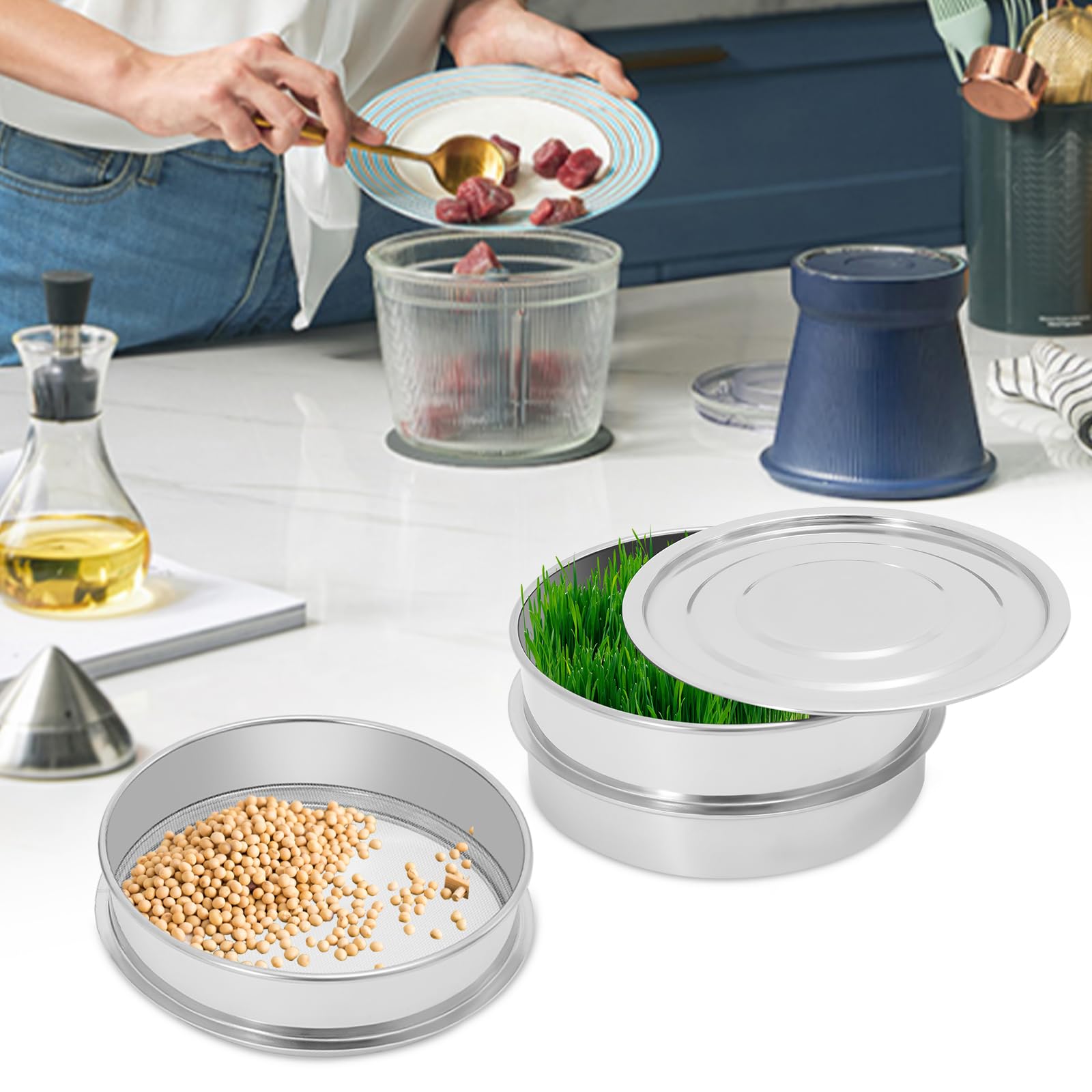 Kit de culture de germes en acier inoxydable double couche avec couvercle, pour graines de cresson, graines de cresson, bac de culture avec réservoir d'eau pour les semis dans la cuisine