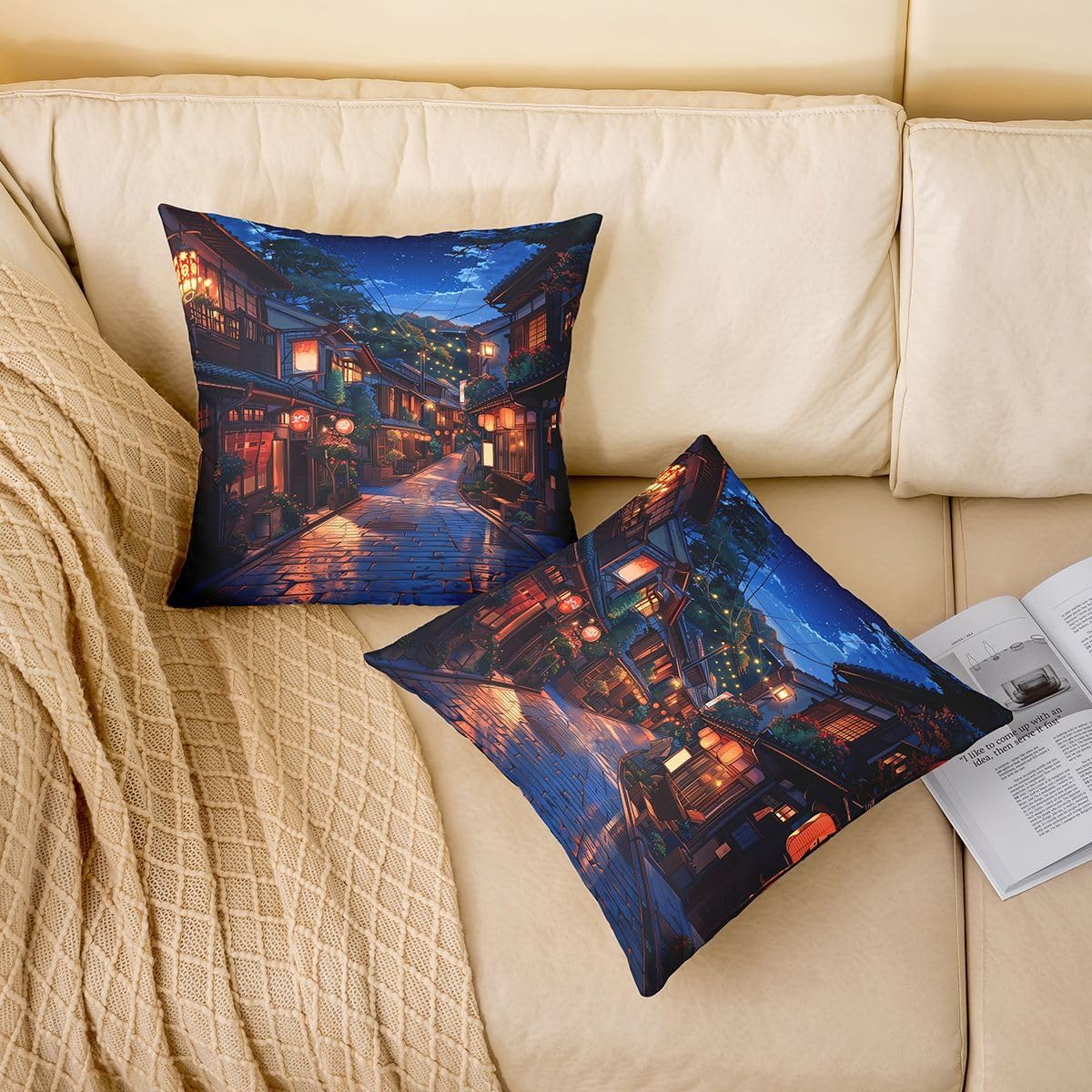 jejeloiu Japanese Throw Pillow Covers Set of 2 Anime Street Cushion Covers Tokyo Modern Pillow Case for Couch Sofa Cushion Case Kids Boys Girls Bedroom Decor 20 x 20-Inch image 2