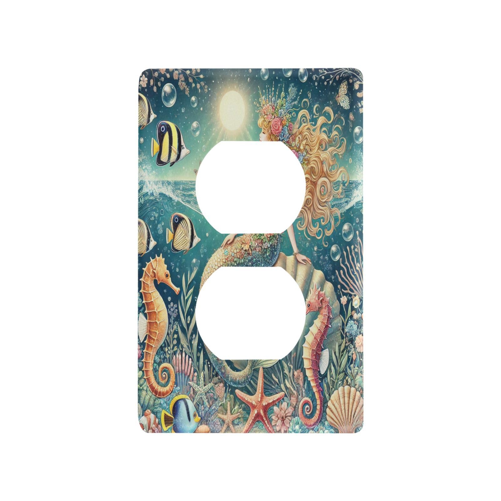 Mermaid Starfish Teal Light Switch Cover Decorative Receptacle Outlet Wall Plate Guard Plastic Wall Outlet Cover for Living Room Home Decor Kitchen (Duplex Outlets Cover)