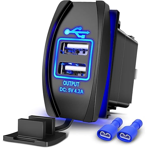 Nilight Dual USB Charger 4.2A Rocker Switch Style USB Charger 12V/24V Fast Charge Socket Waterproof Quick Charger for Cars Boats Trucks RVs, 2 Years Warranty, Blue
