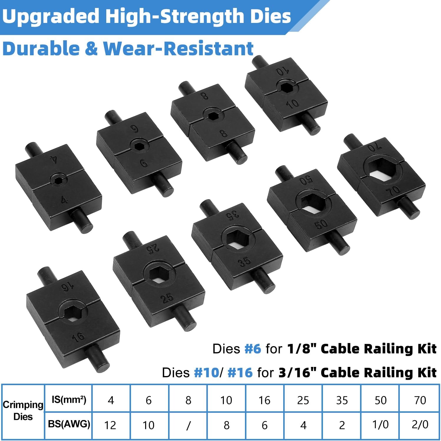 Upgraded Hydraulic Crimping Tool for 1/8" 3/16" Stainless Steel Cable Railing Kits, Hand Hydraulic Crimper with Return Spring, Reinforced Unbreakable Head and 9 Pairs Black Oxide Coated Dies