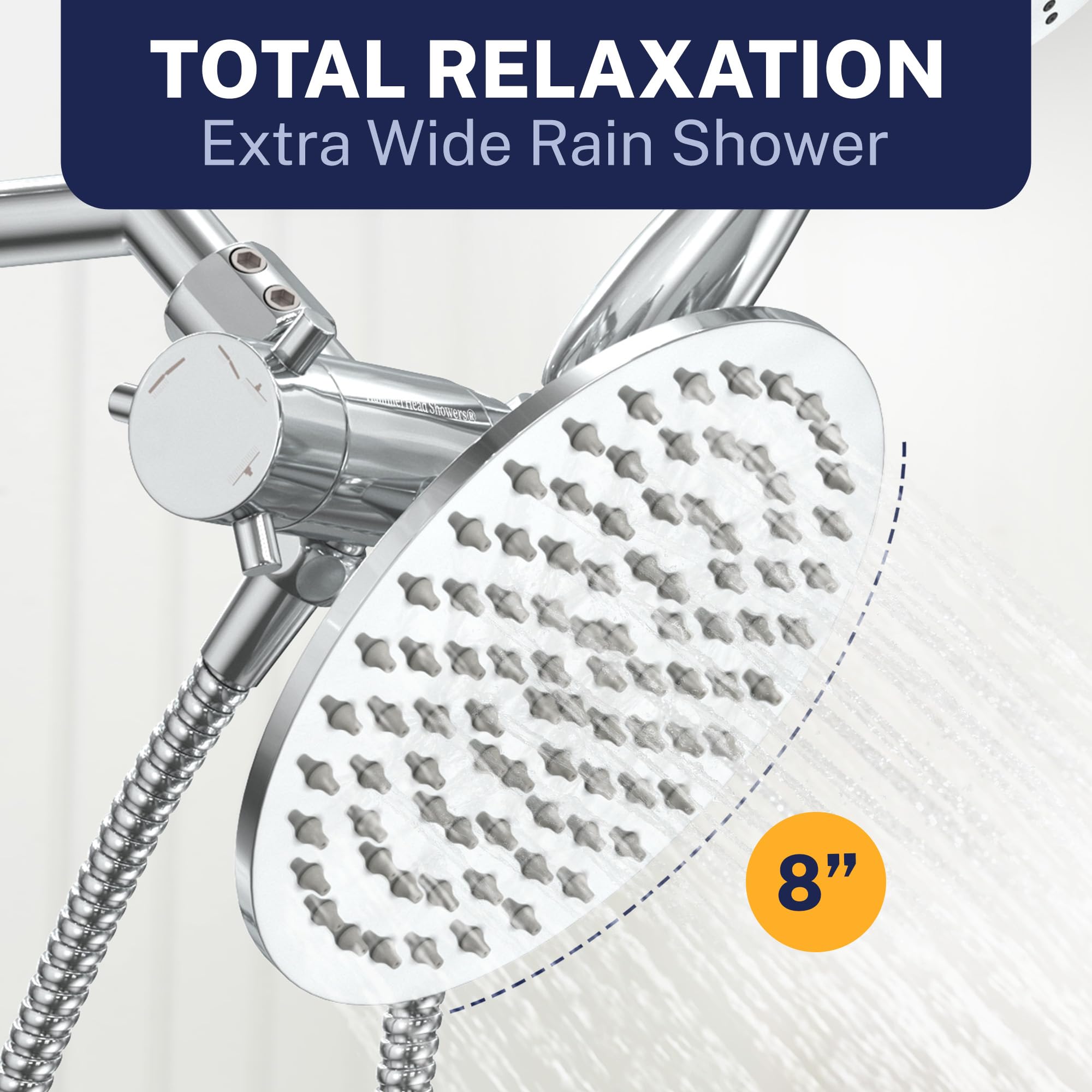 HammerHead Showers® ALL METAL Dual Shower Head Combo – CHROME – 8 Inch Rainfall High Flow Shower Head & 3-Flow Handheld Shower Head High Pressure with Hose 6ft - Luxury Double Shower Heads