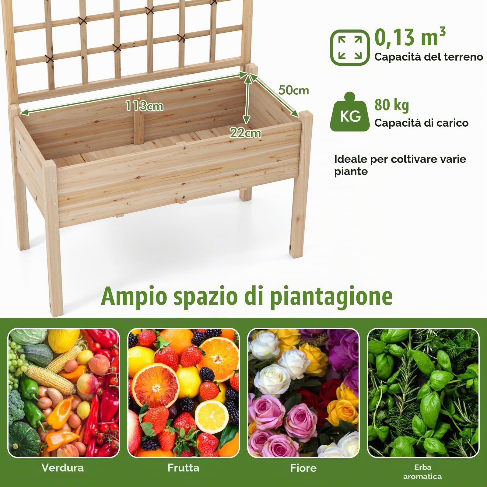 HOMASIS Letto Rialzato con Grigliato da Giardino in Legno, Fioriera da Esterno con Fori di Drenaggio, Vaso per Piante Rampicanti, Verdure, Fiori, Erbe, 119 x 60 x 117 cm