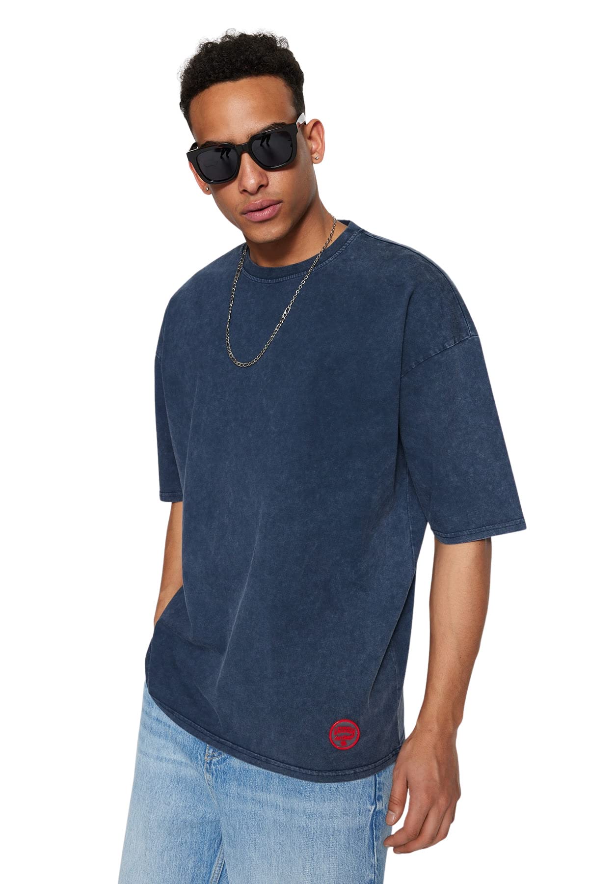 Trendyol Man Oversize Basic Crew Neck Woven T-Shirt,Indigo,XL