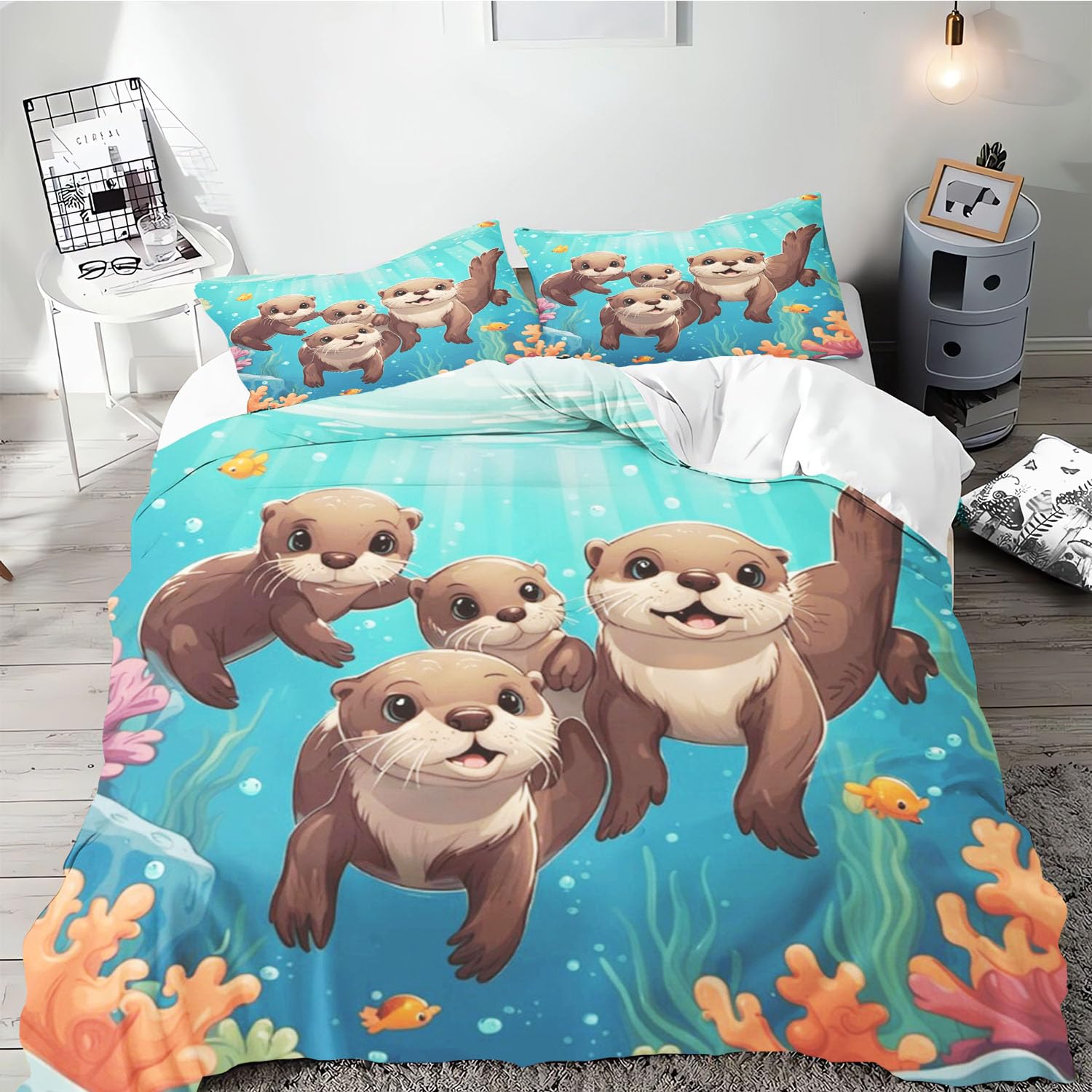SMchwbc Otter Bed Linen 135 x 200 cm Cute Otter Duvet Cover for Boys Girls Otter Animal Bedding Set 3D Print Ottertier Bed Linen 100% Microfibre Animal Red Duvet Cover (140 x 210 cm