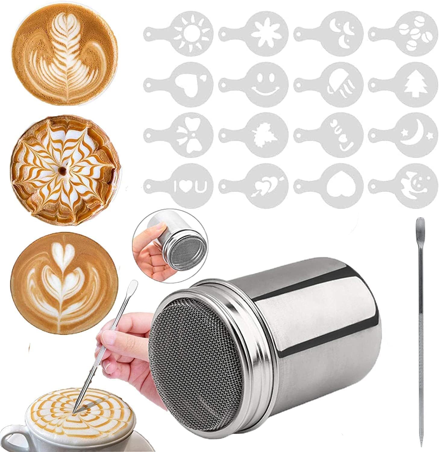 Coffee Stencils, 16pcs Art Template With Latte Art Pen and Dusting Jars, Decoration Mold Tool for Cappuccino, Hot Chocolate, Oatmeal, Cake