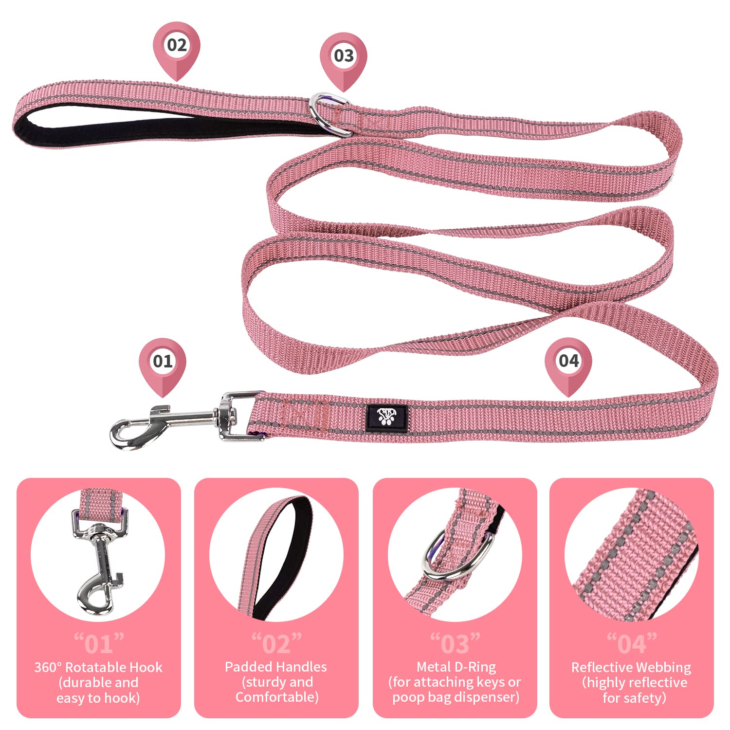 NESTROAD Reflective Dog Collar and Leash Set,Soft Neoprene Pet Collar with Quick Release Buckle,Adjustable Nylon Dog Collars for Small Medium Large Dogs(Medium Collar + 5FT Leash,Pink)