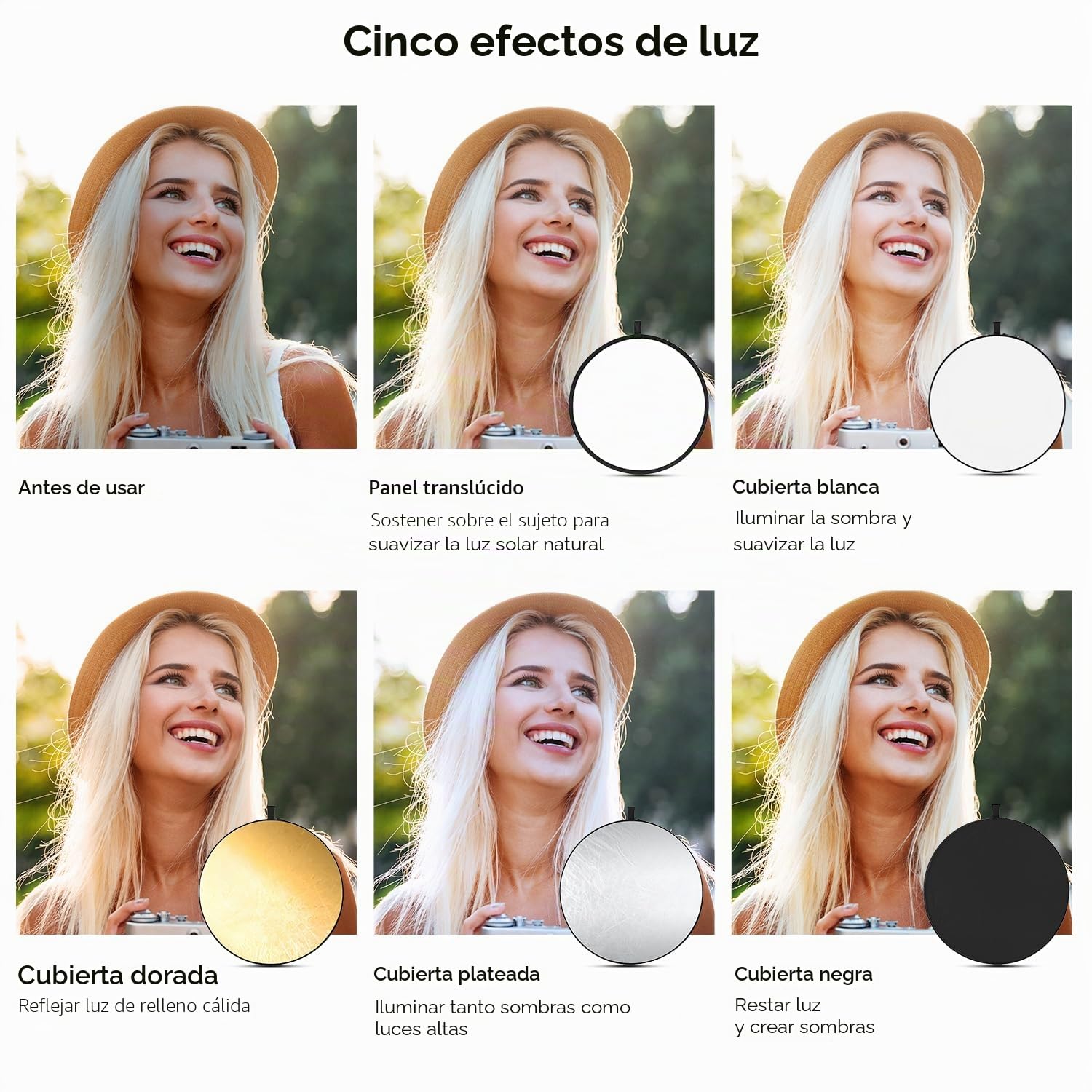 K&F CONCEPT Reflector de Luz 5 en 1 Difusor de Fotografía de 32"(80cm) Colapsable Portátil para Iluminación de Estudio y Exterior Oro Plata Blanco Negro Translúcido