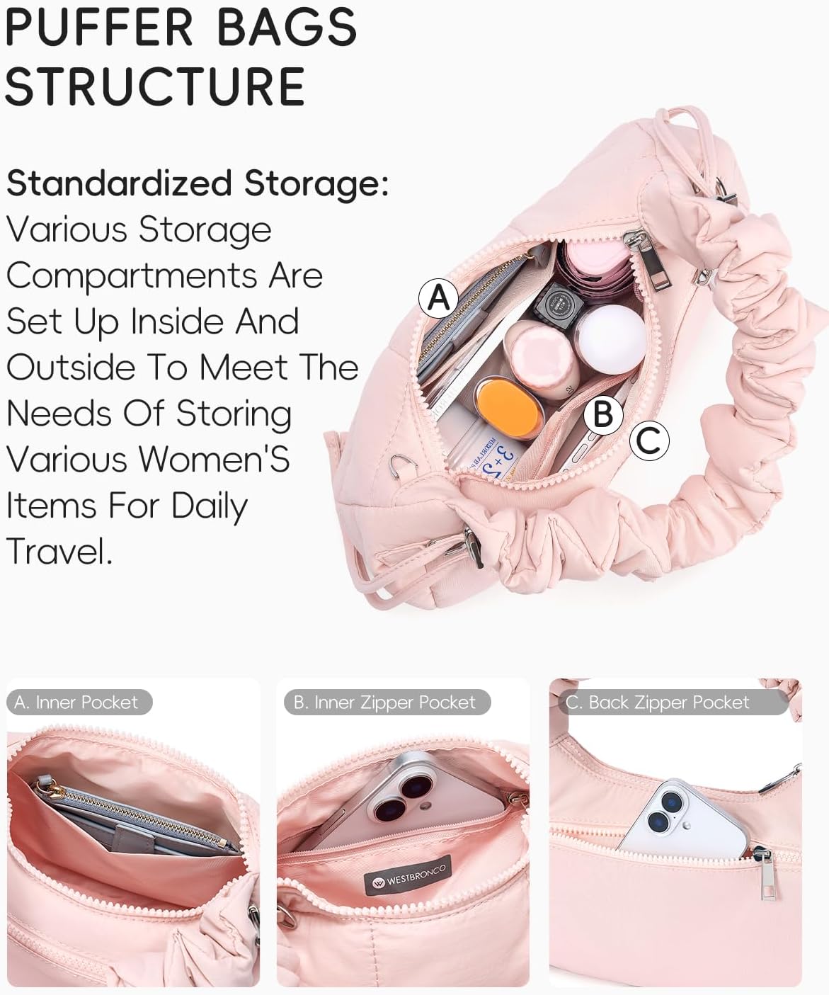 WESTBRONCO Small Puffer Shoulder Bag, Quilted Crescent Crossbody Bags for Women Nylon Daily Purse, Womens Puffy Handbags - Image 3