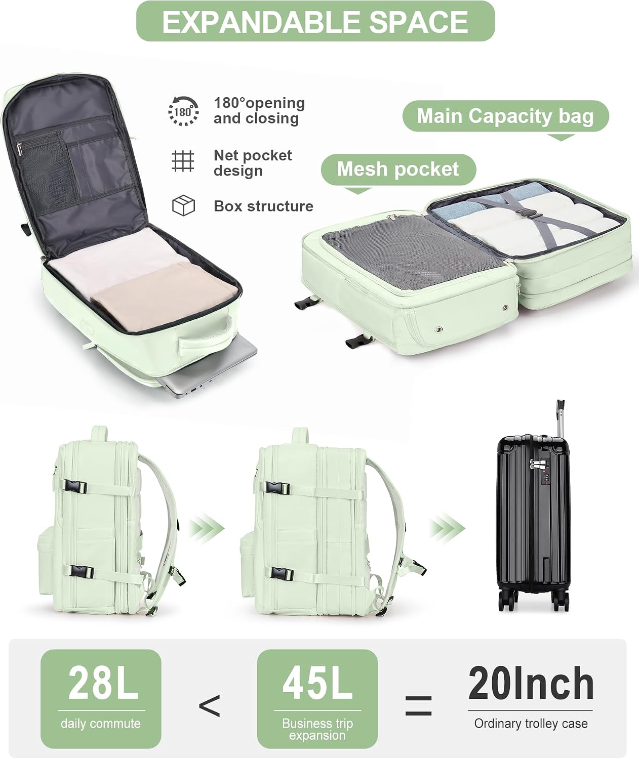 WONHOX Mochila de viagem grande para laptop expansível aprovada por voos mochila de mão para mulheres, A7-verde-menta, Expandable, Viagens