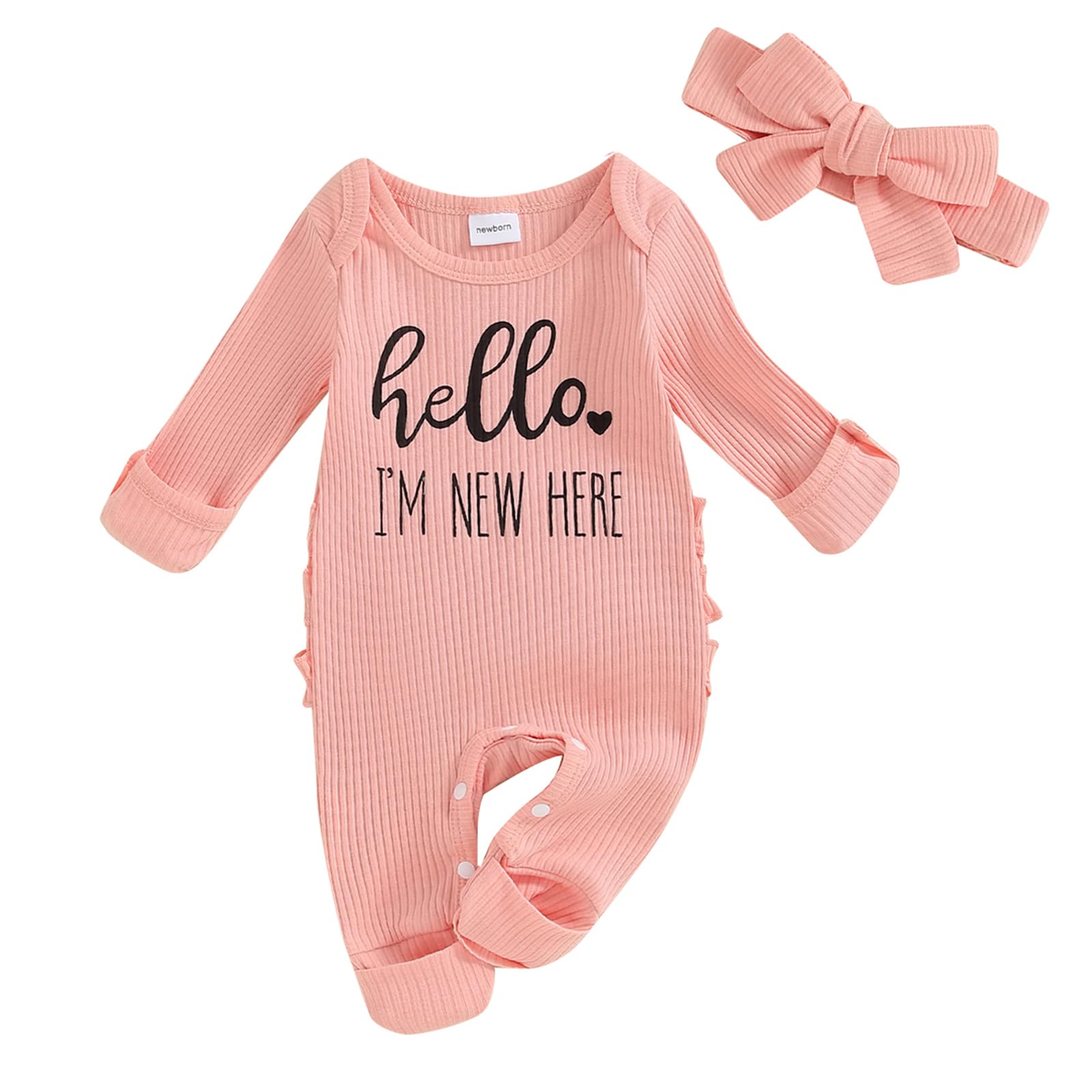 SAYOO Newborn Baby Boy Girl Romper I'm New Here Embroidery Letter Jumpsuit Coming Home Outfits Fall Gender Neutral Clothes (z Pink, Newborn)
