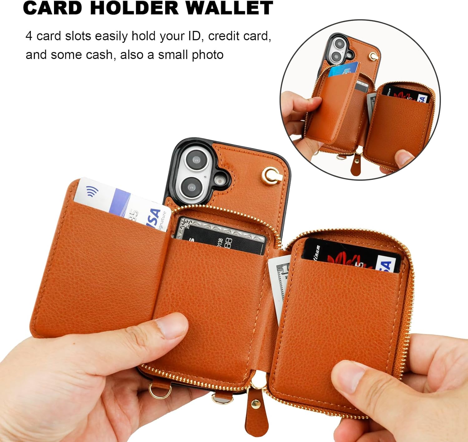 Bocasal for MagSafe Crossbody Wallet Case Compatible with iPhone 16, RFID Blocking Protective Purse Case with Card Slots Holder Kickstand Wrist Strap Lanyard Zipper 6.1 Inch 5G (Brown)