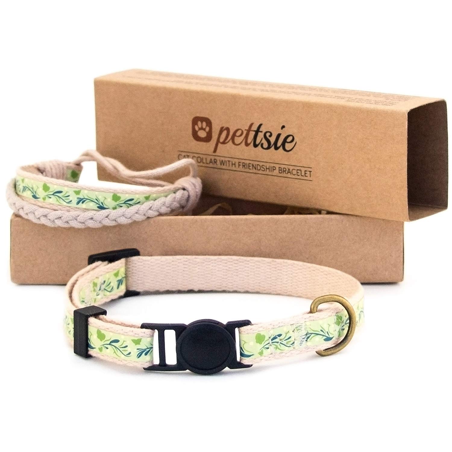 Pettsie Kitten Collar Breakaway with Matching Bracelet – Soft Cotton, Quick-Release Safety Buckle, Adjustable 5"-8", Stylish Gift Box, Green